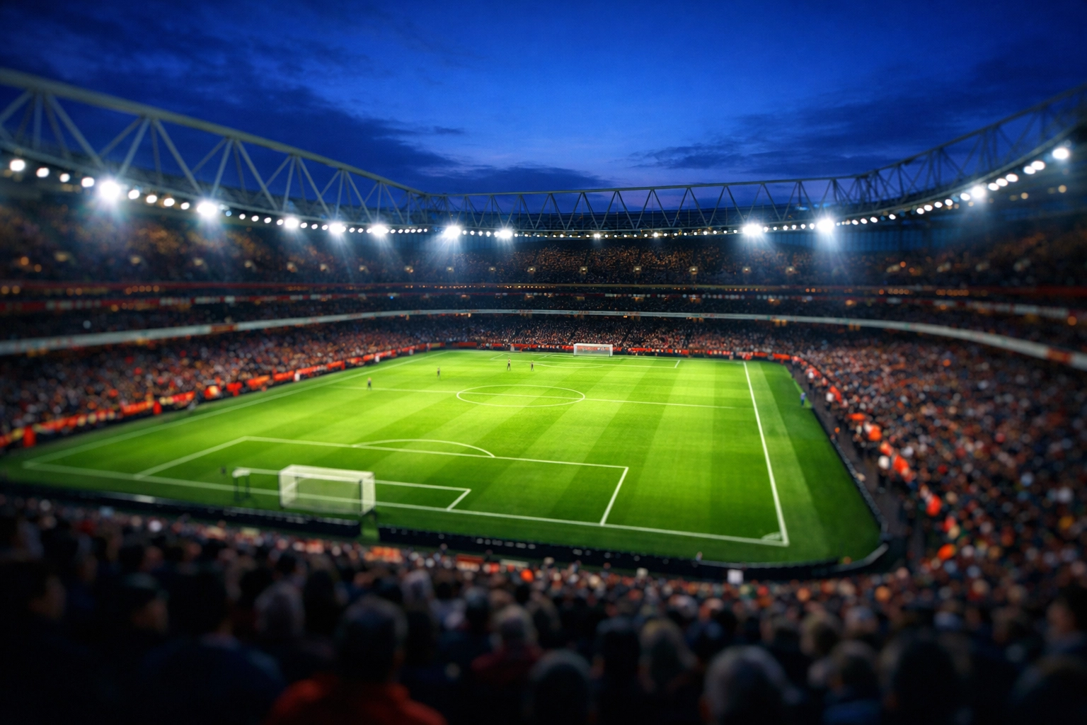 Beleuchtetes Emirates Stadium in London für die Arsenal vs. Manchester United Spielvorschau.