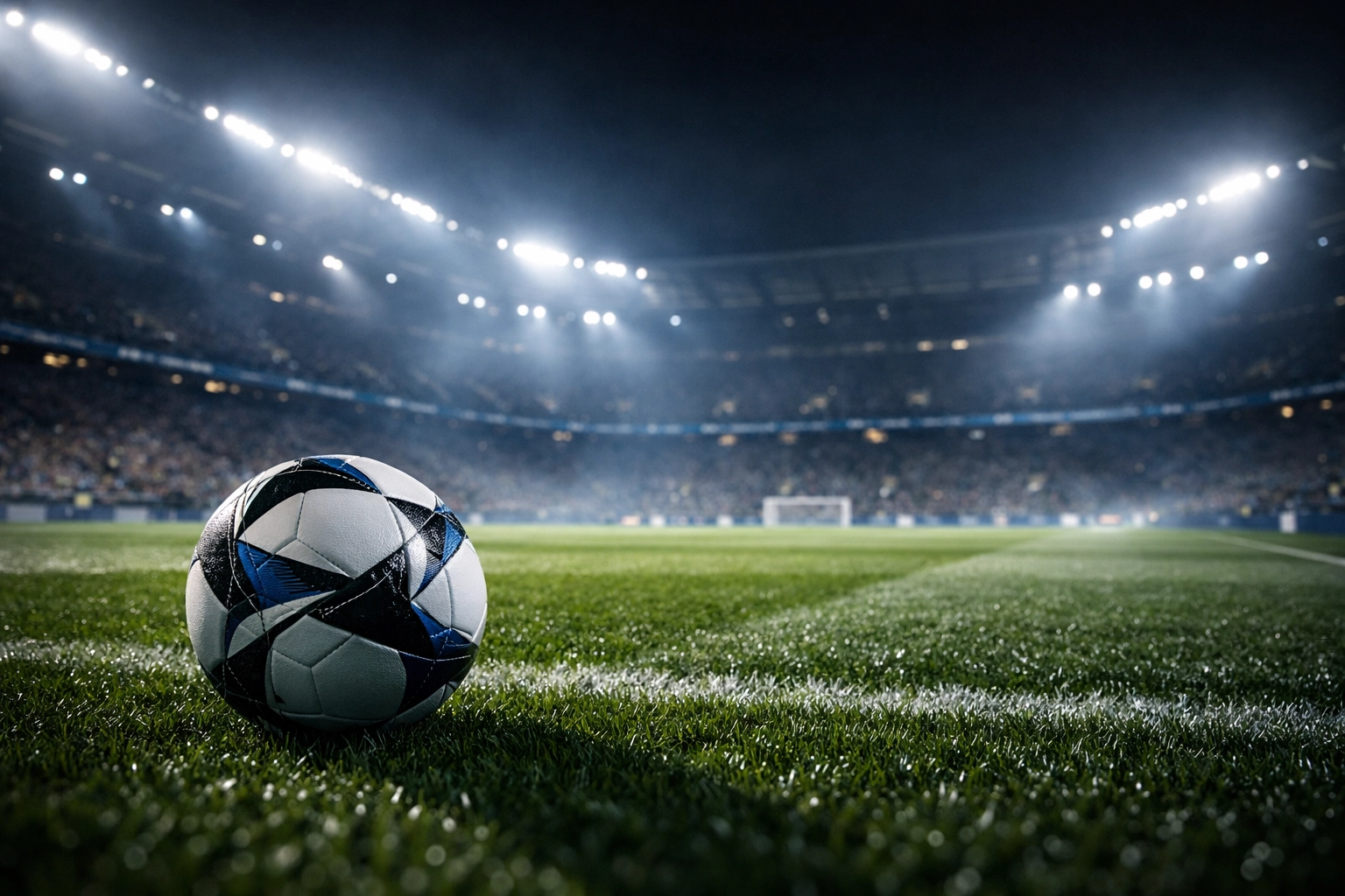 Champions League Stadion bei Nacht zur Spielanalyse Manchester City gegen Real Madrid.