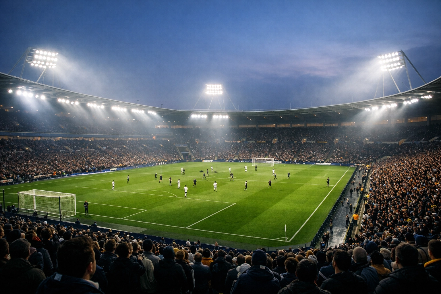 MKM Stadium in Hull bei einem Championship-Abendspiel unter Flutlicht mit dichter Atmosphäre.