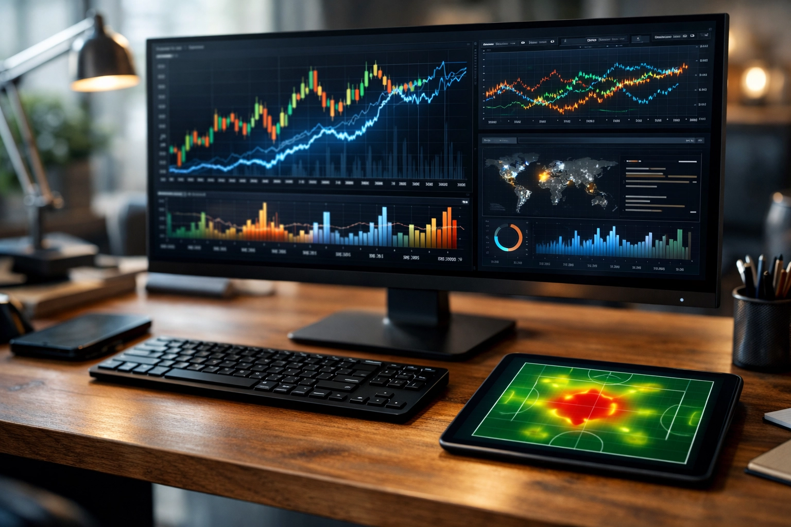 Professionelle Datenvisualisierung zur Marktanalyse von Fußballstatistiken am Arbeitsplatz.