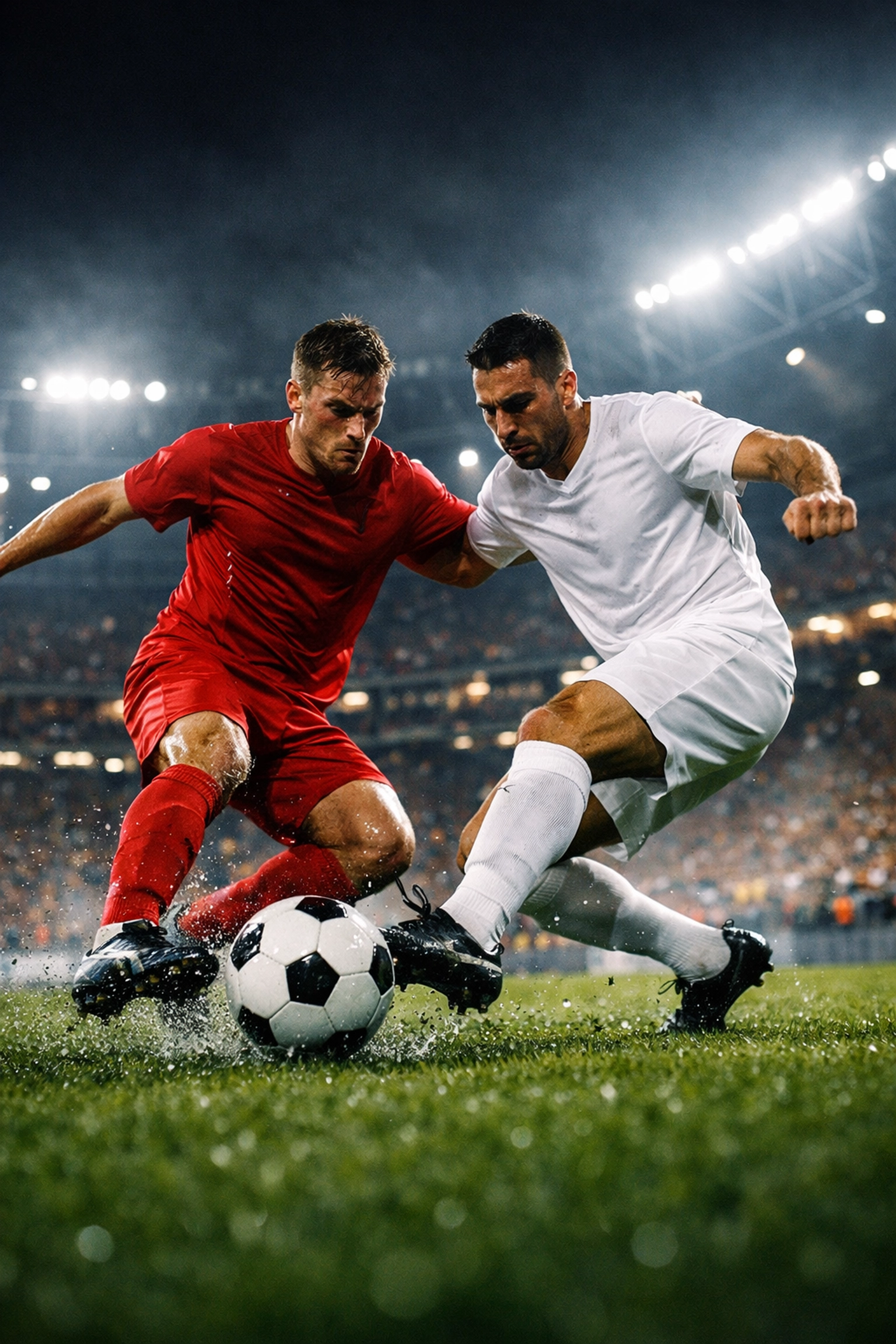 Zweikampfszene im Stadion beim Viertelfinale Bayern München gegen Real Madrid am 15. April 2026.