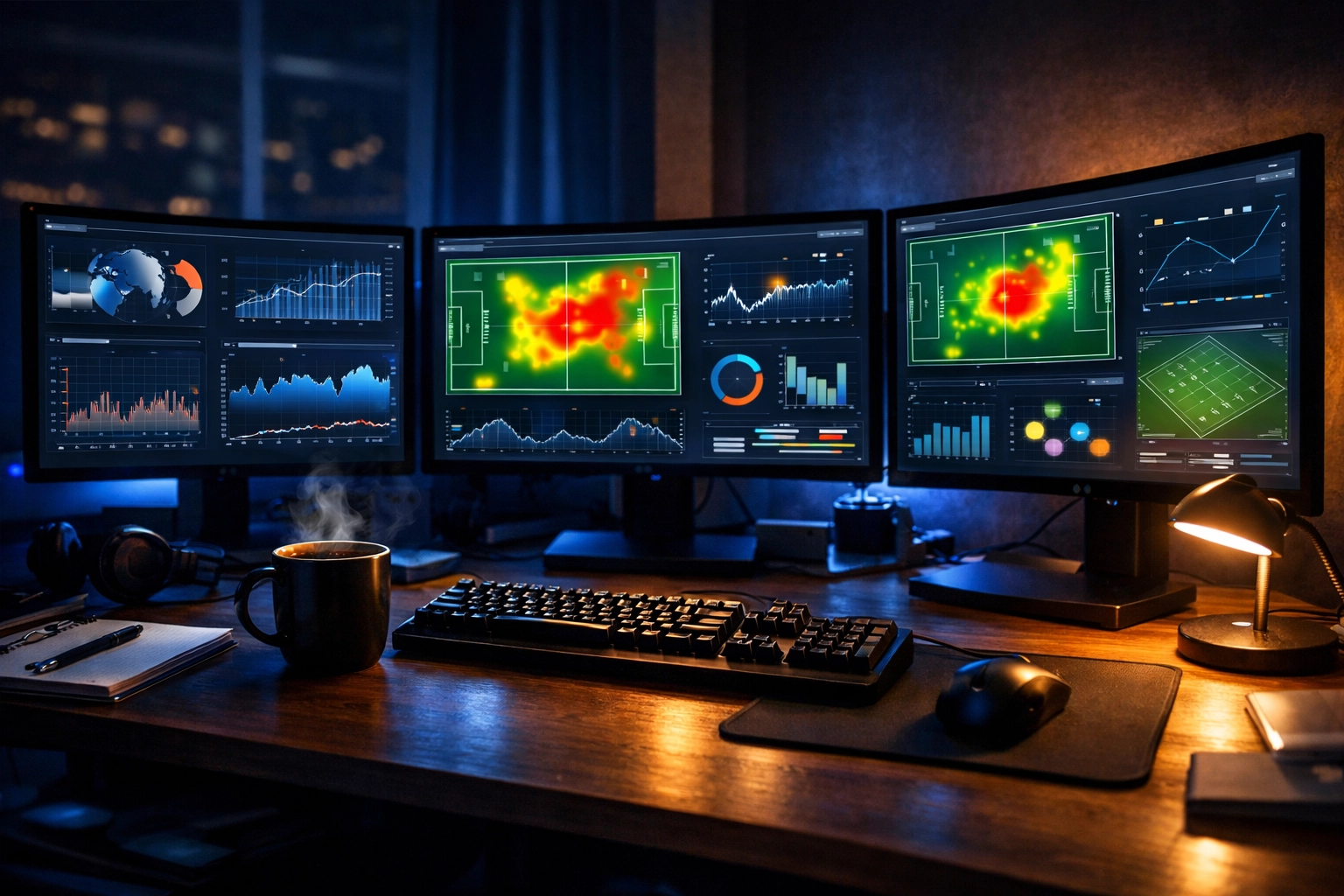 Professioneller Analyse-Arbeitsplatz mit Datenvisualisierung und Statistiken für Sportwetten Strategien.