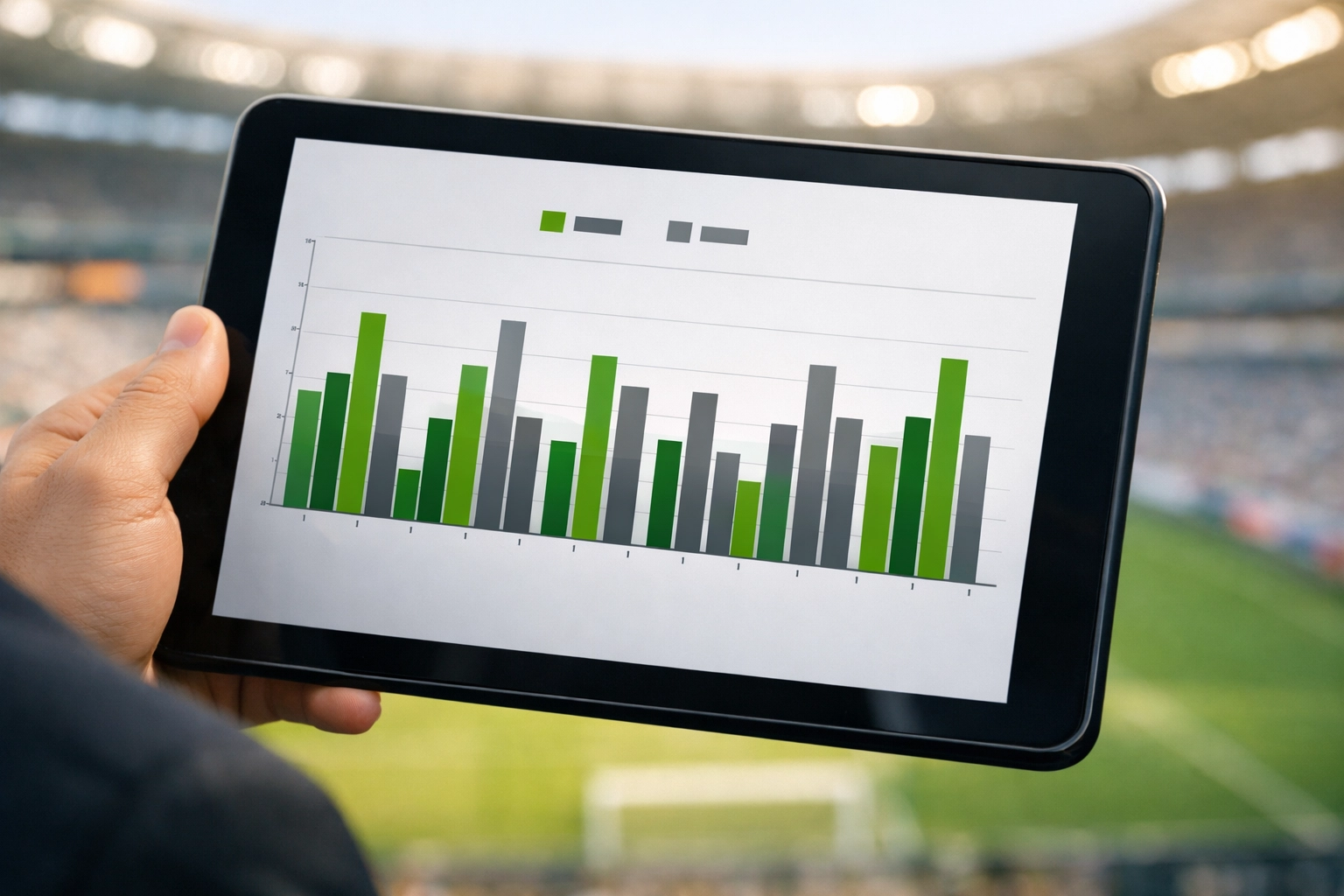 Datenauswertung von Expected Goals (xG) auf einem Tablet zur Validierung von Markttrends.