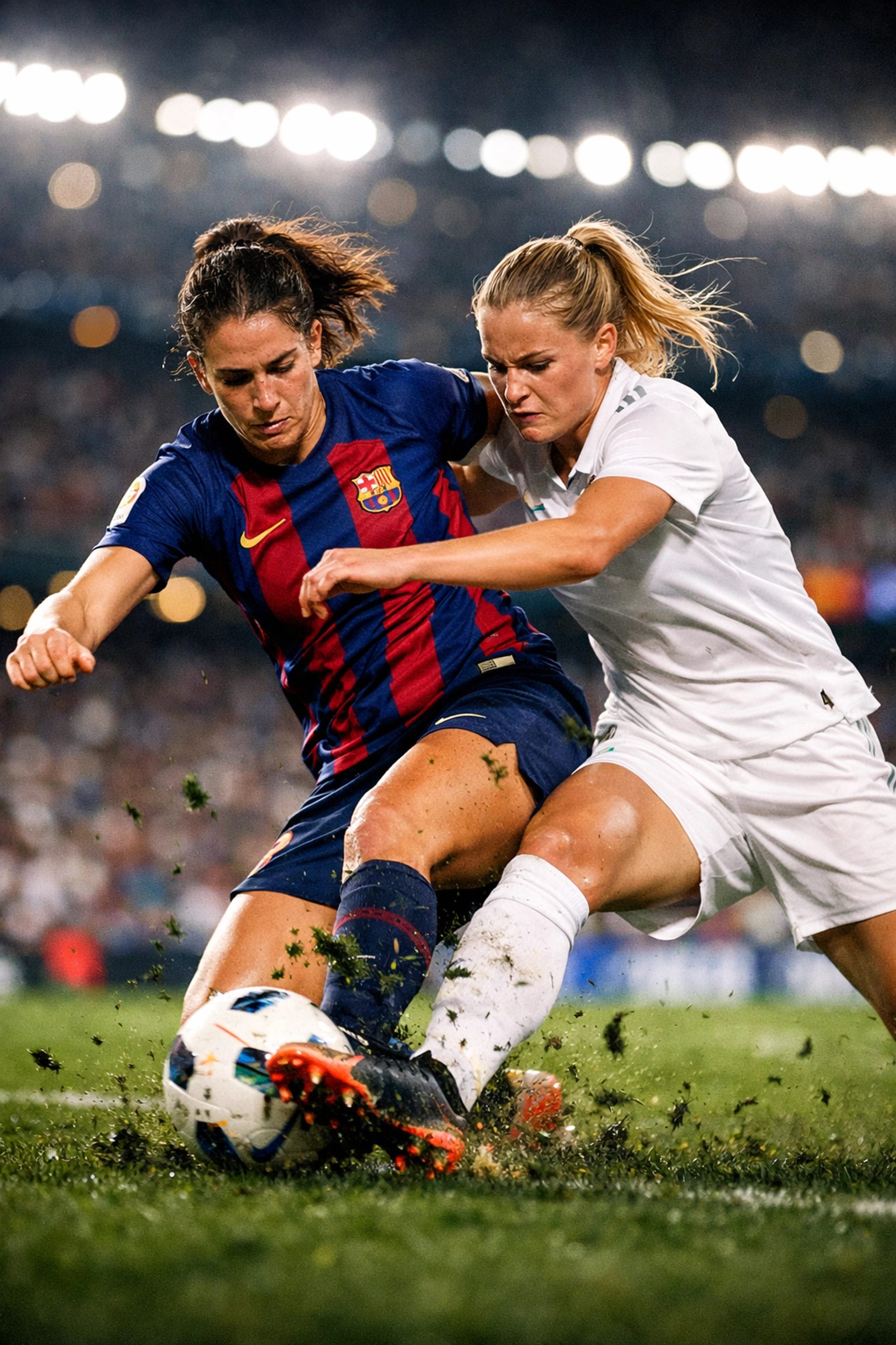 Zweikampf beim Frauen-Clásico zwischen FC Barcelona und Real Madrid.