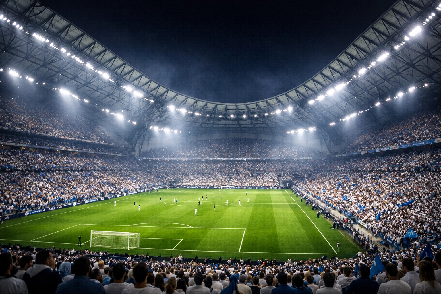Innenansicht des Stade Vélodrome in Marseille während des Ligue 1 Derbys gegen Lyon am 15. April 2026.