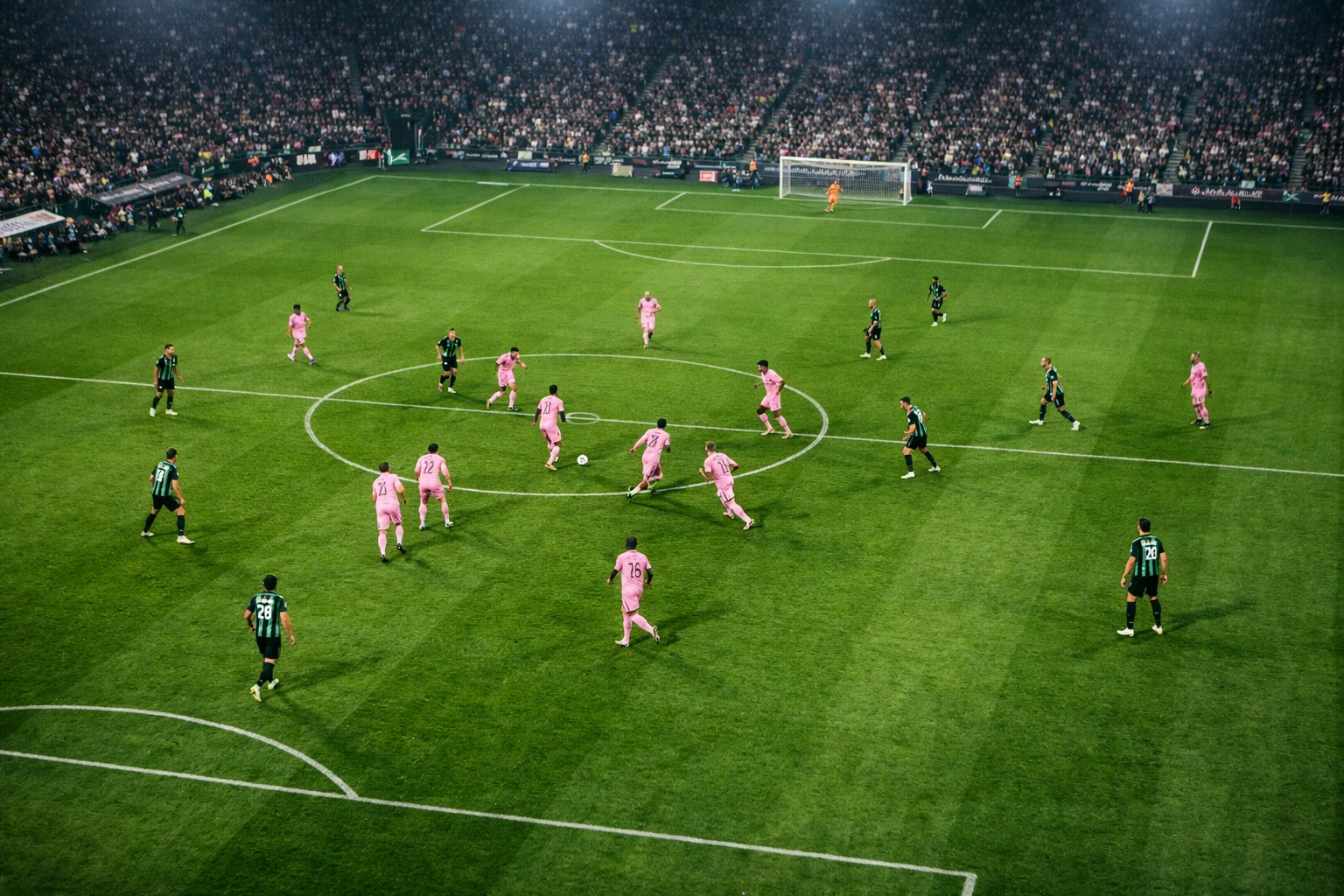 Taktische Formation von Inter Miami gegen Austin FC bei einem MLS-Spiel unter Flutlicht.