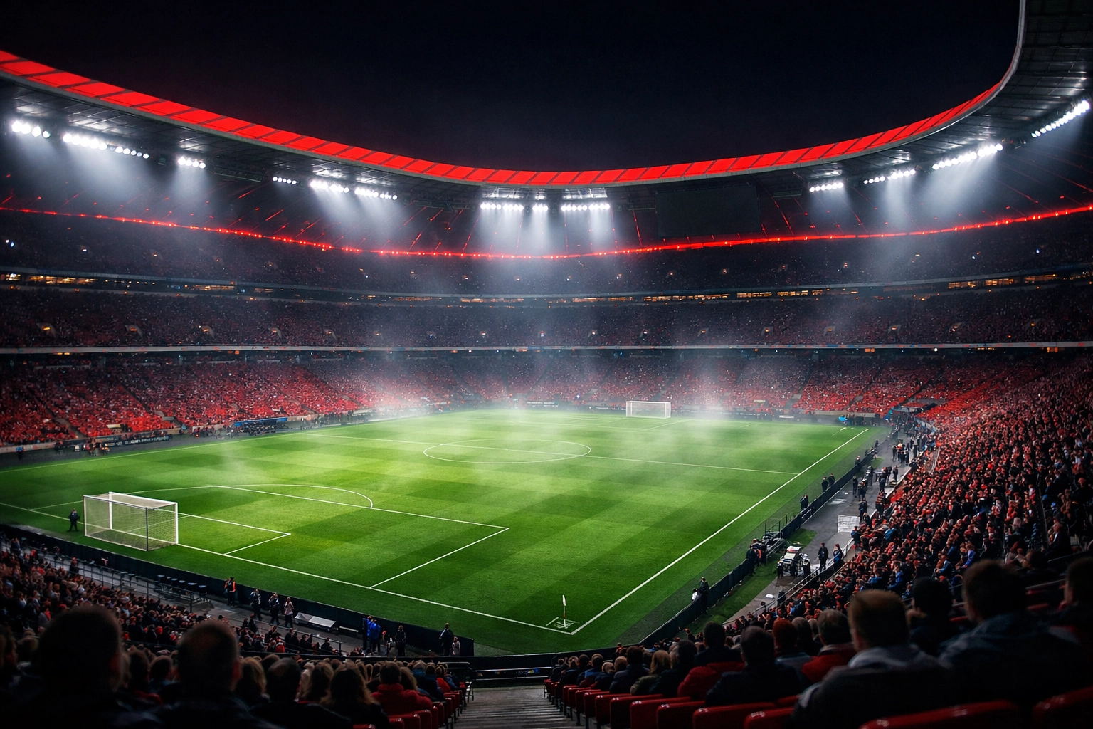 Rot beleuchtetes Fußballstadion bei Nacht für die Bundesliga-Prognose Bayern gegen RB Leipzig.
