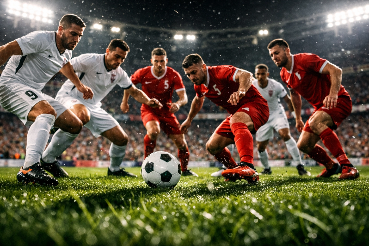 Fußballprofis in einer Pressing-Situation zur Veranschaulichung taktischer Live-Analysen.