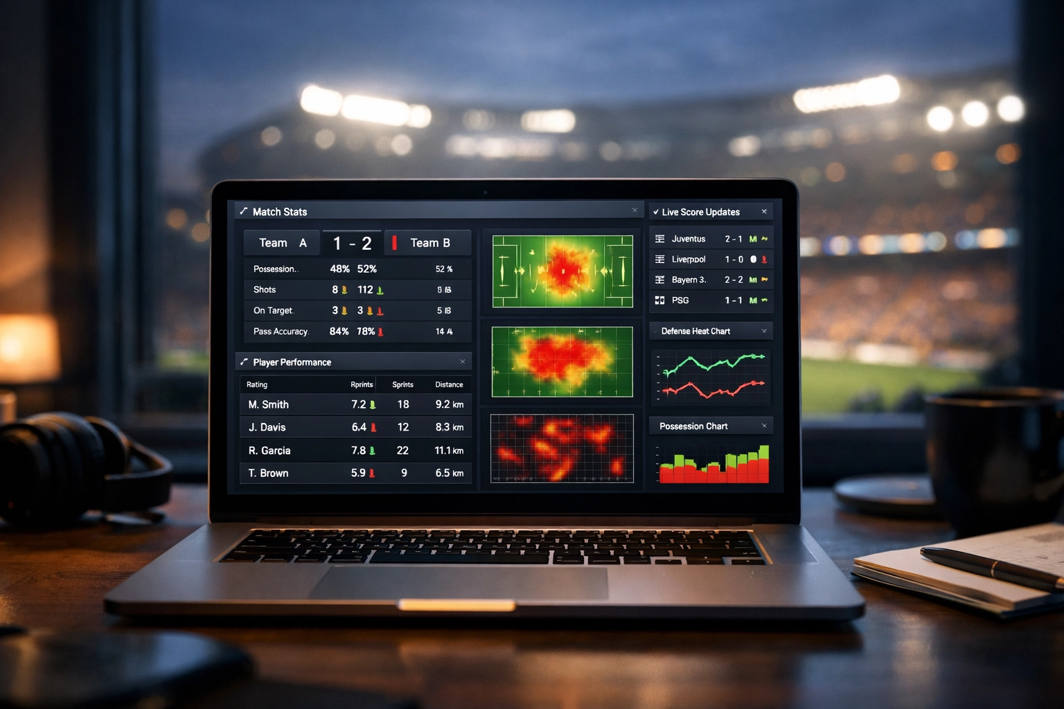 Professioneller Analysten-Arbeitsplatz mit Live-Fußballdaten und Markttrends auf einem Dashboard.