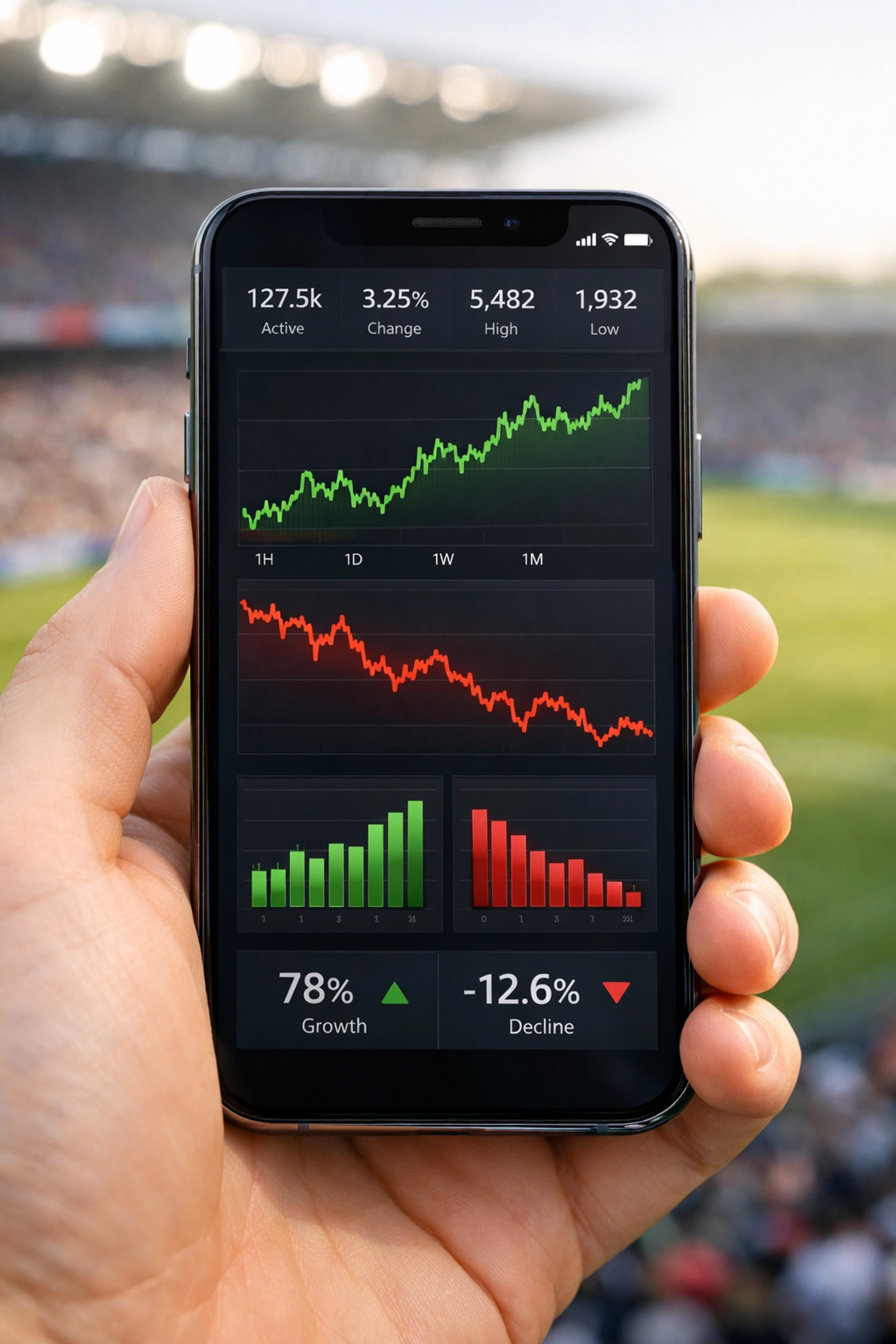 Smartphone mit Analyse-Dashboard zeigt Quoten-Trends und Marktbewegungen im Fußballstadion.