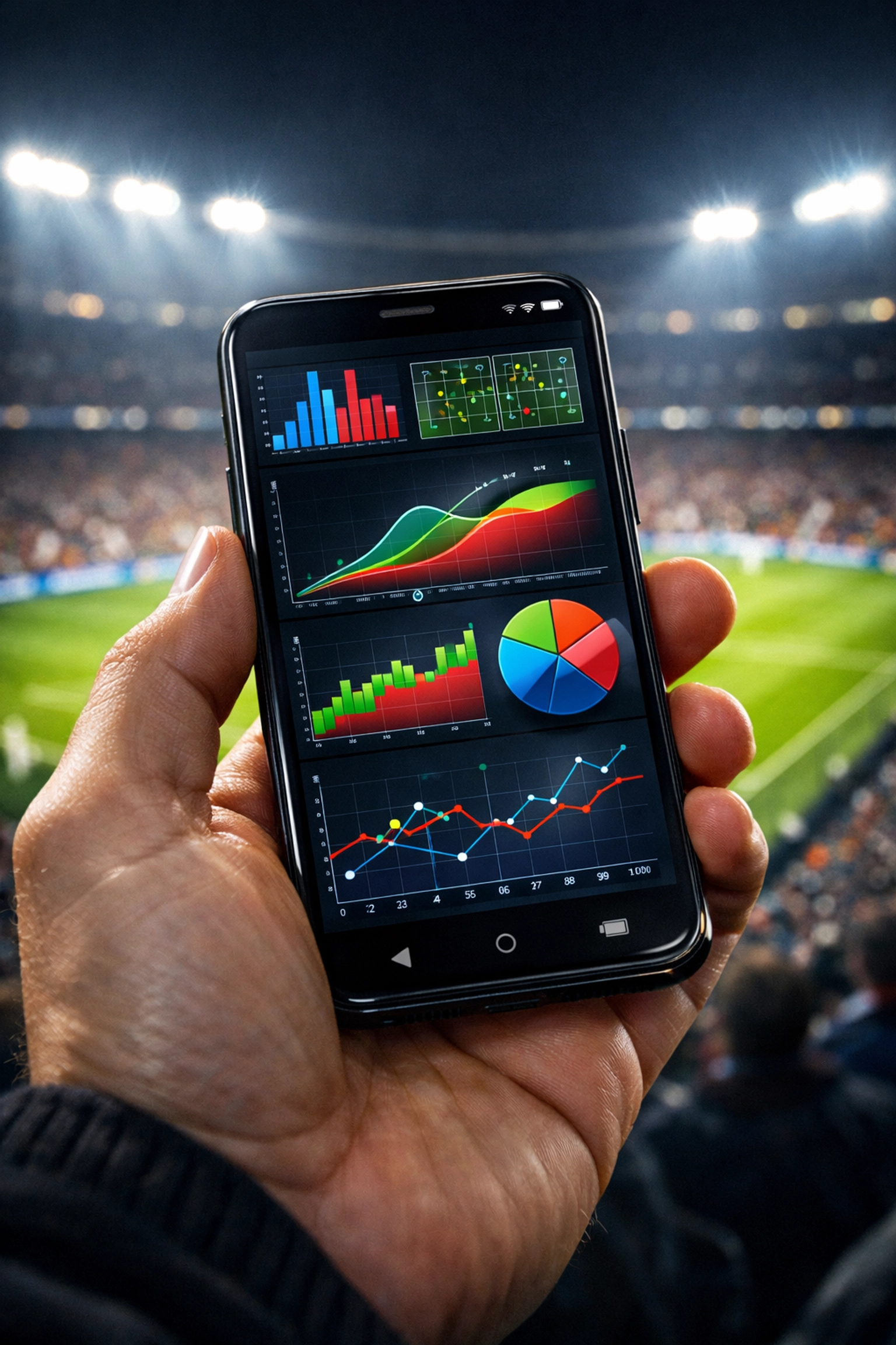 Smartphone zeigt xG-Statistiken und Daten-Diagramme für Live-Wetten im Fußballstadion.