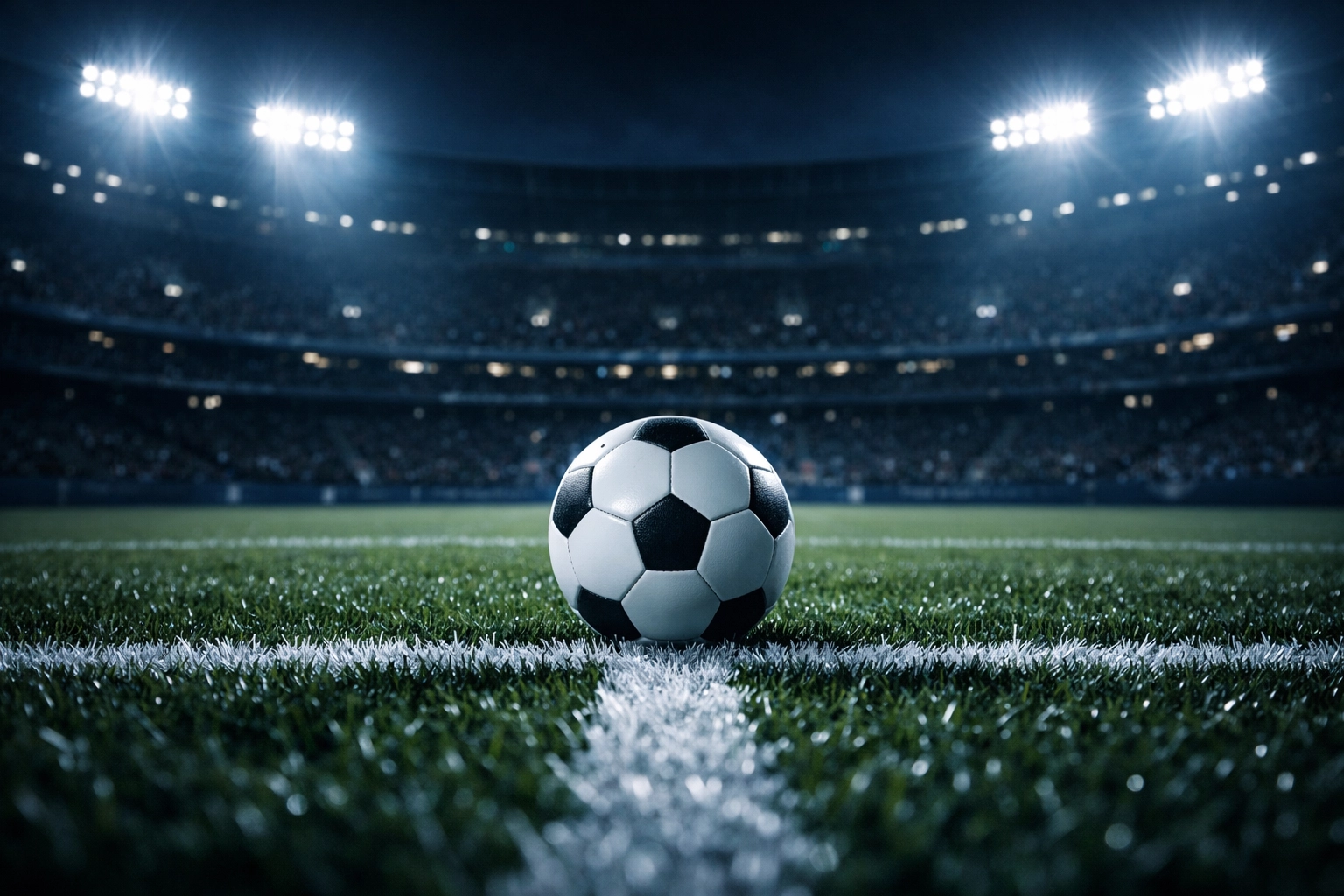 Fußball am Anstoßpunkt unter Flutlicht zur Analyse des Topspiels der Ligue 1 zwischen PSG und Lyon.