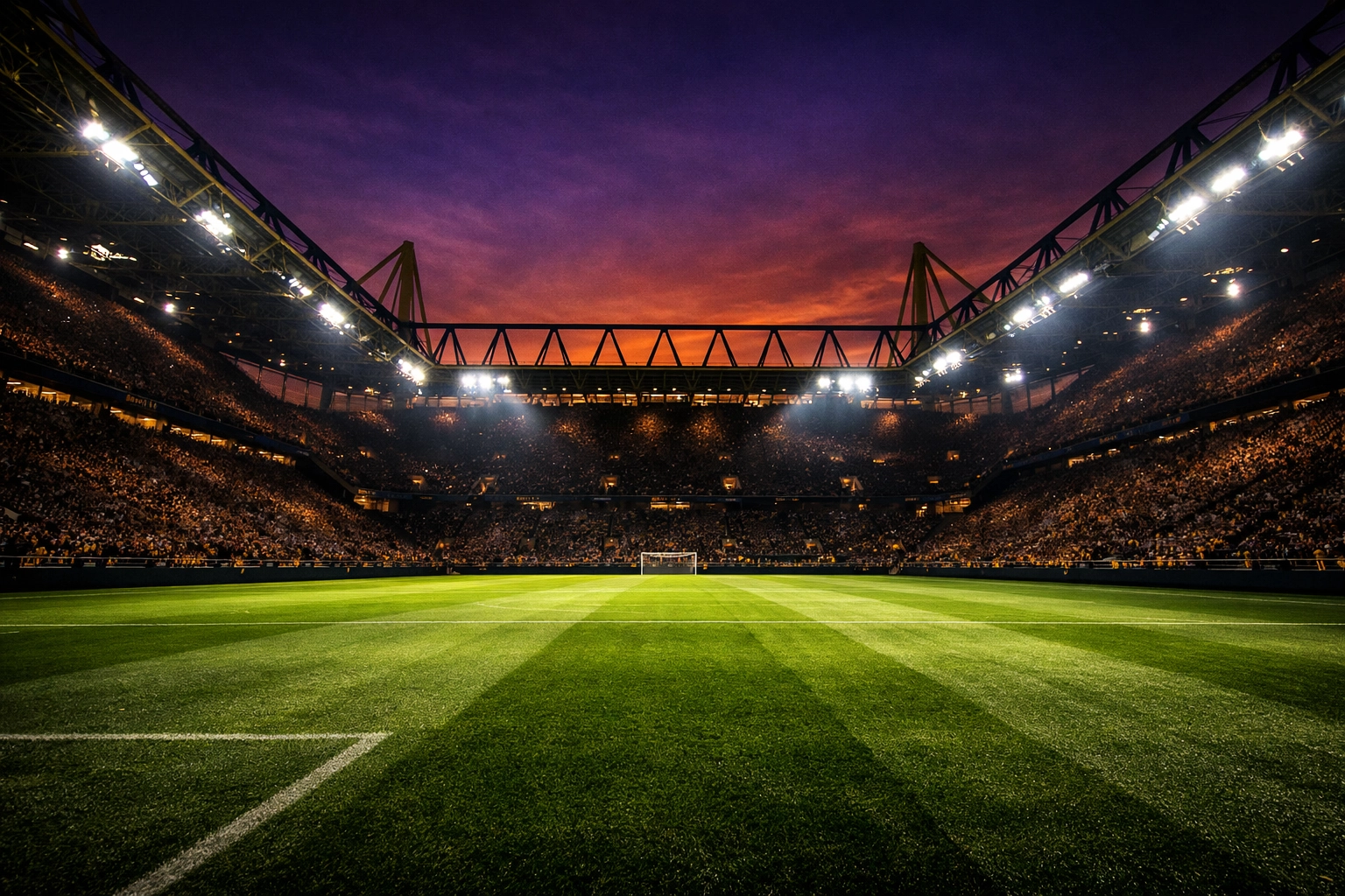 Atmosphärisches Bundesliga-Stadion mit Flutlicht vor dem Topspiel Dortmund gegen Leverkusen.