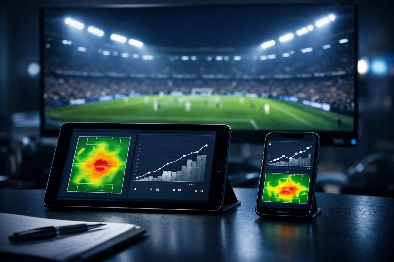 Professionelle Analyse von Live-Daten und xG-Werten für In-Play-Entscheidungen am Arbeitsplatz.