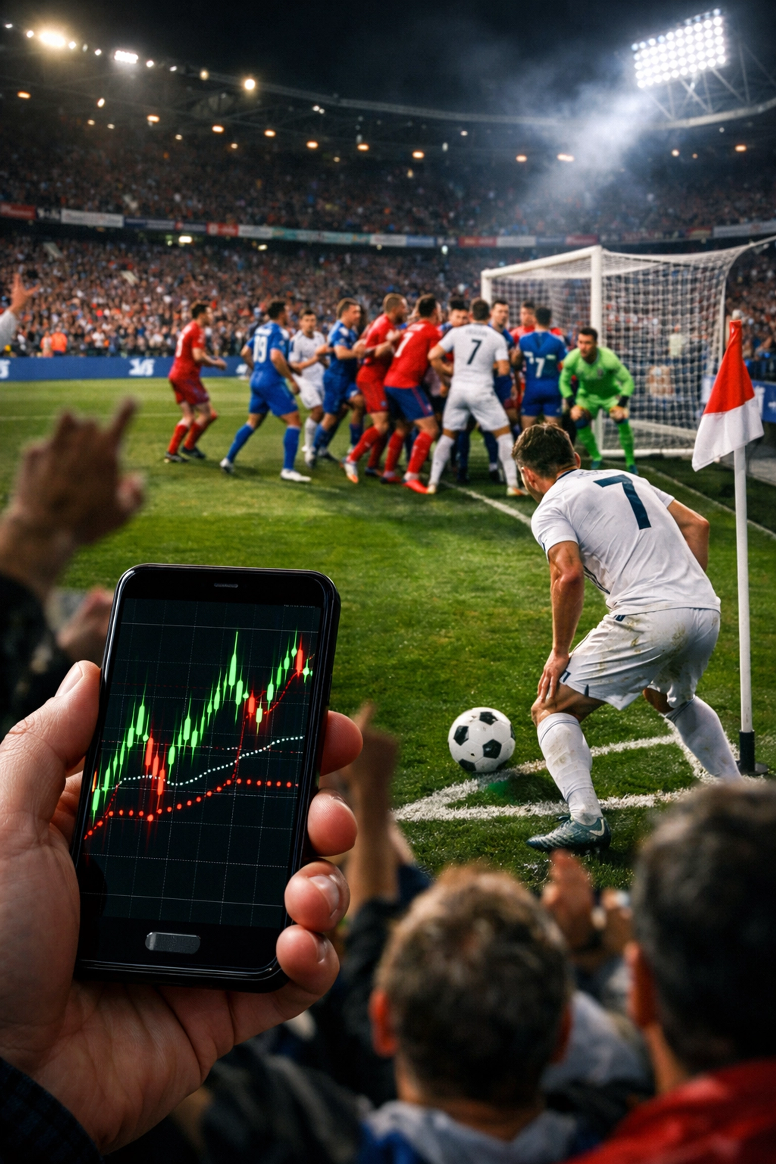 Smartphone mit Live-Graphen für Quotenbewegungen und Marktvolatilität während eines Spiels.