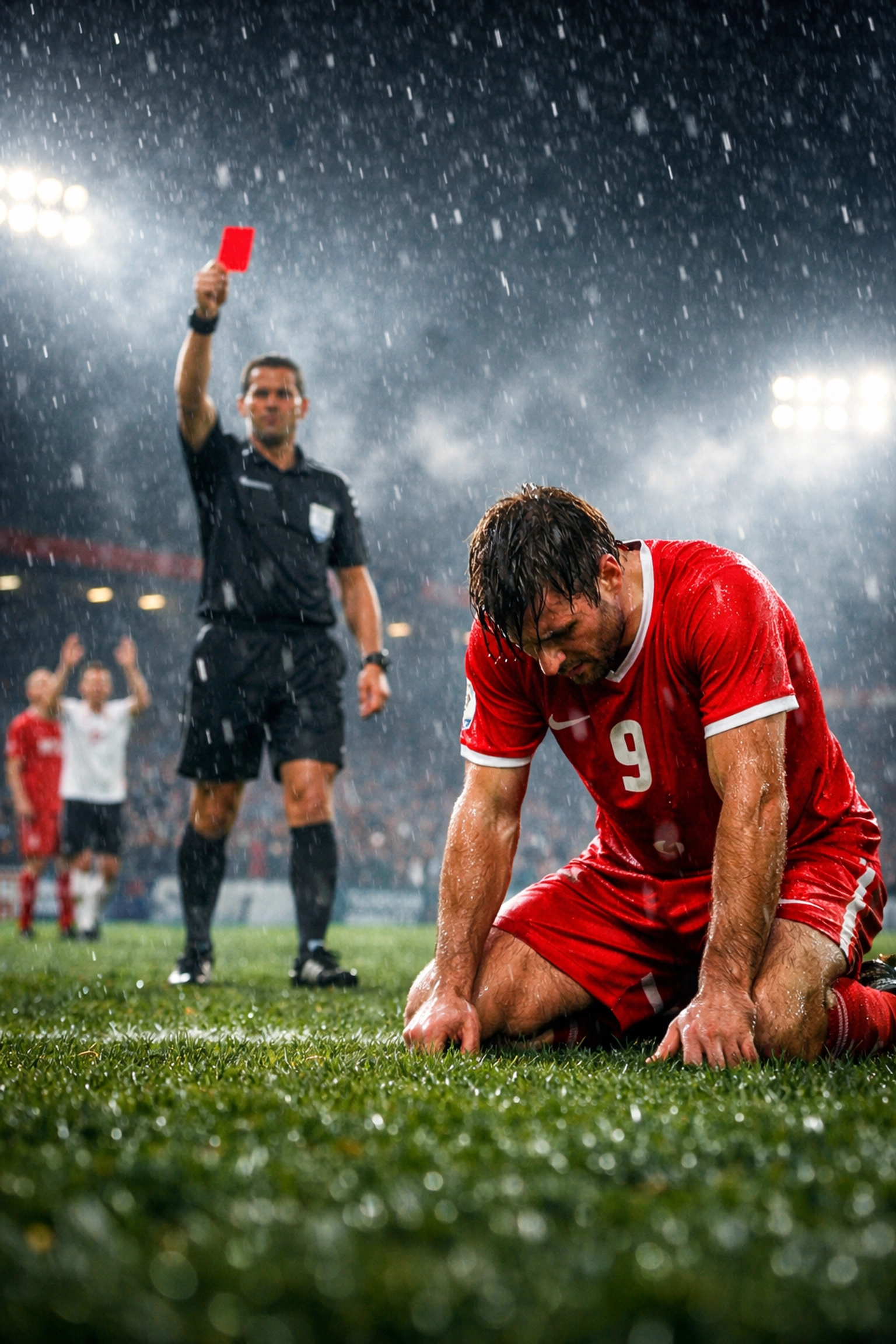 Schiedsrichter zeigt rote Karte im Regen – Marktanalyse für strategische Live-Wetten.