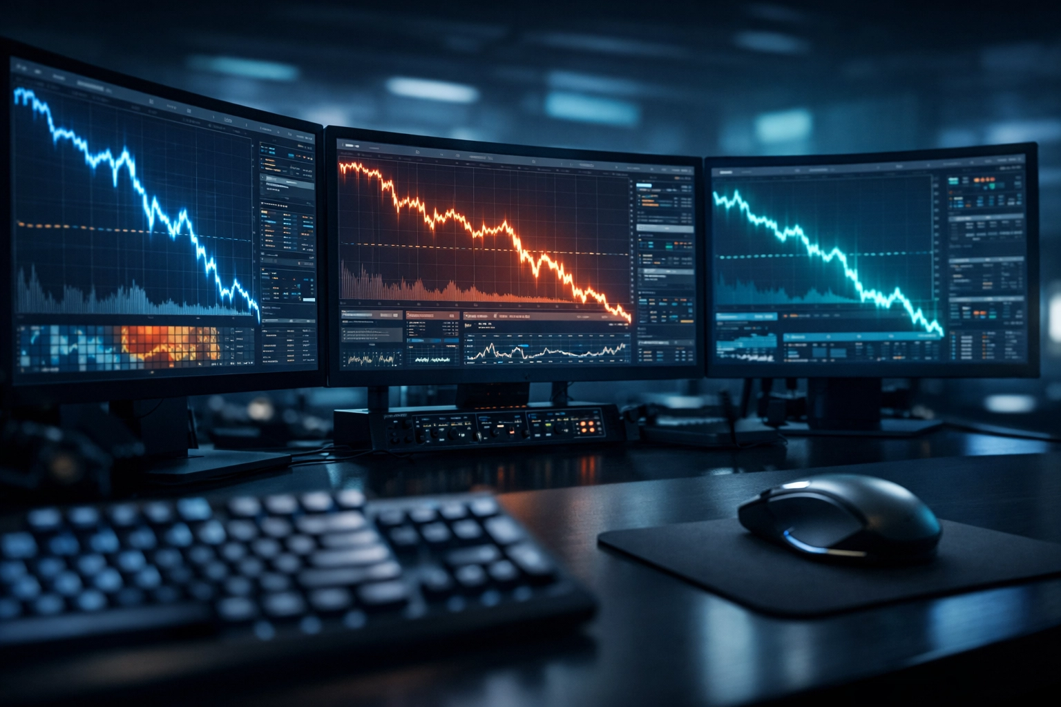 Moderne Monitore mit Datencharts zu fallenden Quoten in einem Analyse-Büro.