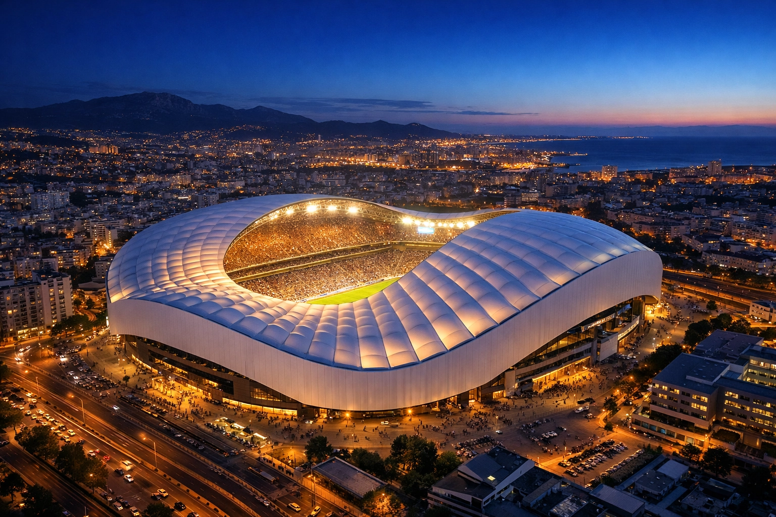 Das beleuchtete Orange Vélodrome in Marseille als Festung für das Heimspiel gegen den FC Metz.