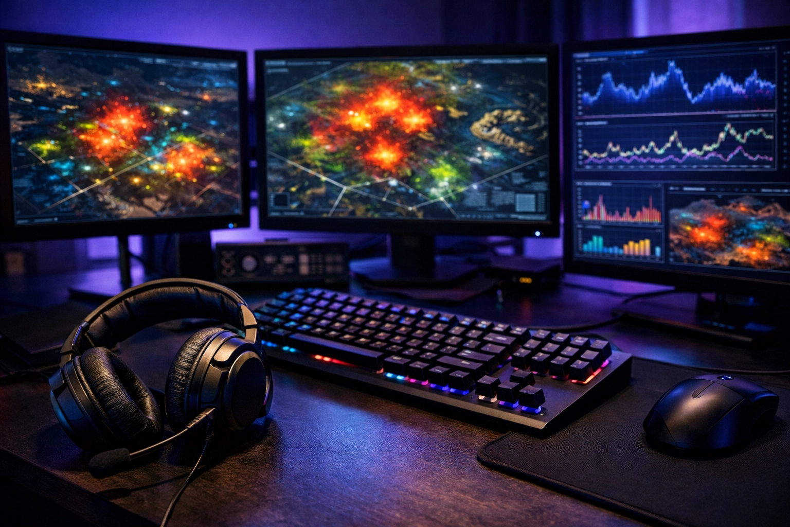 Professionelle E-Sports Datenanalyse mit Statistiken und Heatmaps an einem modernen Analysten-Arbeitsplatz.
