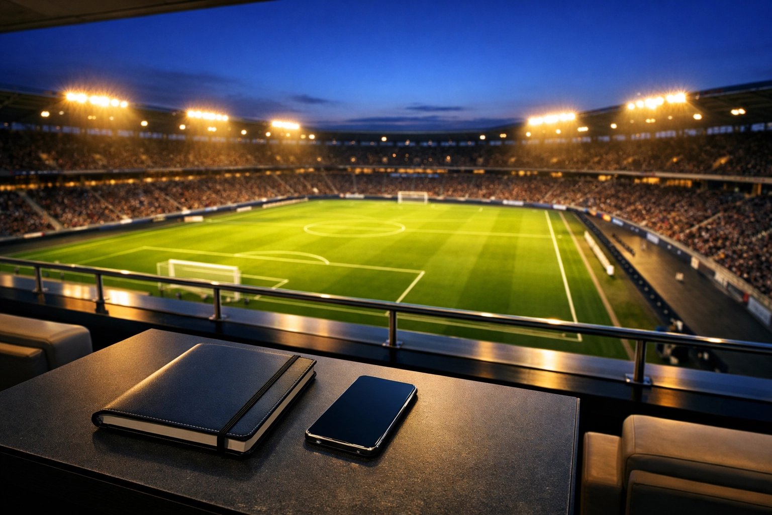 Strategische Planung der Wettanalyse in einer Stadion-Lounge bei Flutlicht.