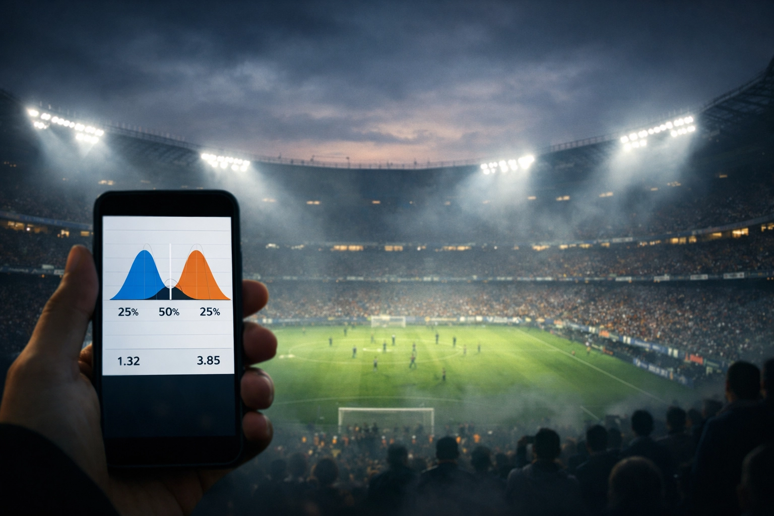 Statistische Wahrscheinlichkeitskurven auf einem Smartphone im Fußballstadion bei Nacht.