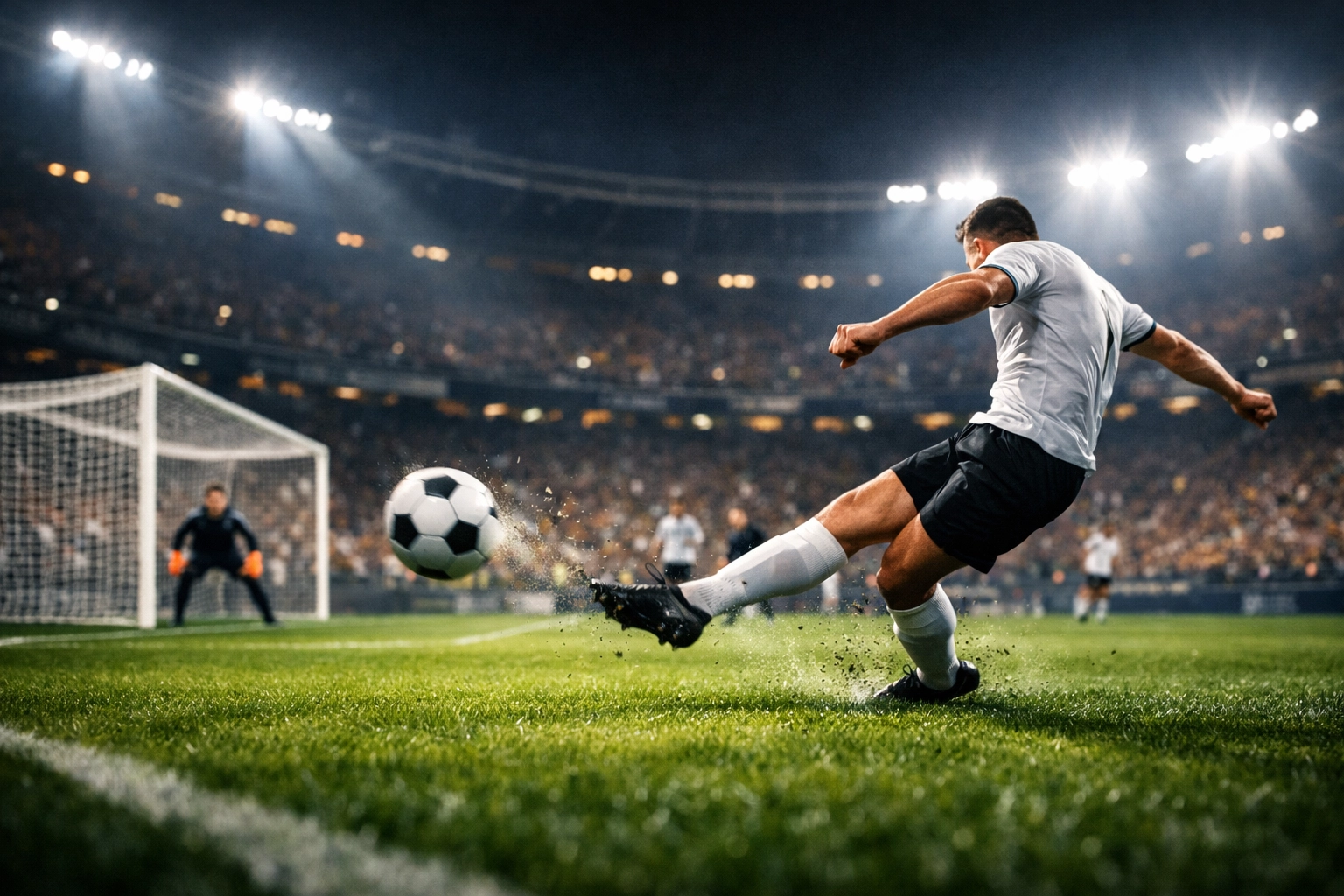 Fußballstürmer bei einer Torchance im Stadion für die Live-Analyse bei sportwetten.