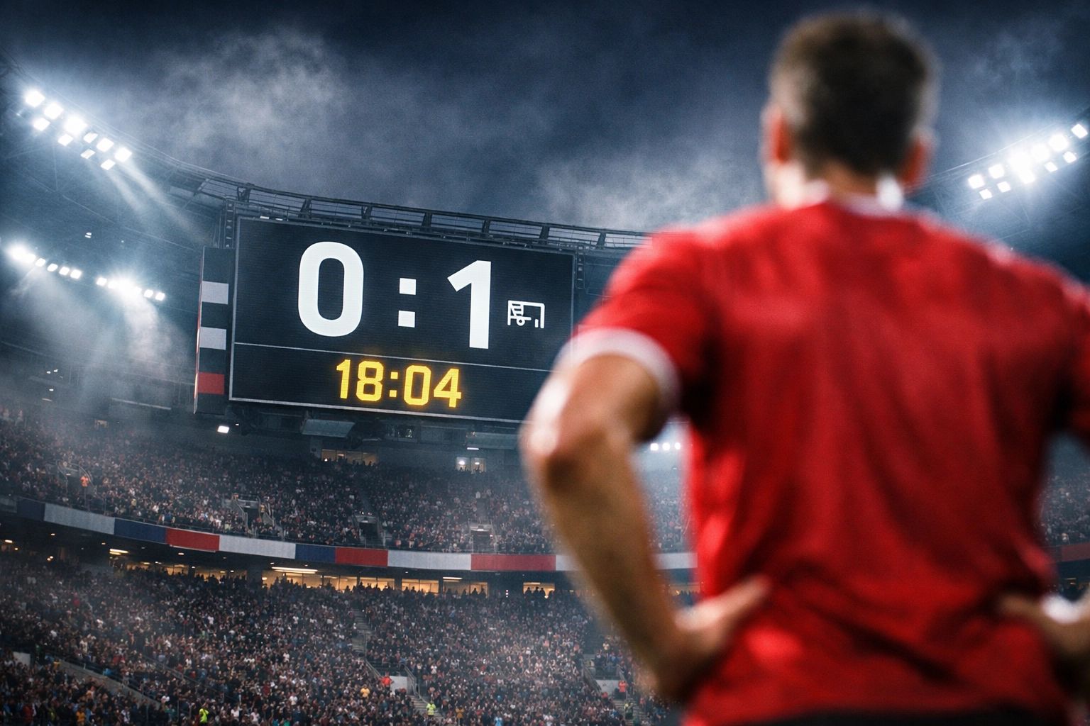 Stadion-Anzeigentafel mit 0:1 Rückstand in der 18. Minute zur Live-Analyse von Fußballspielen.