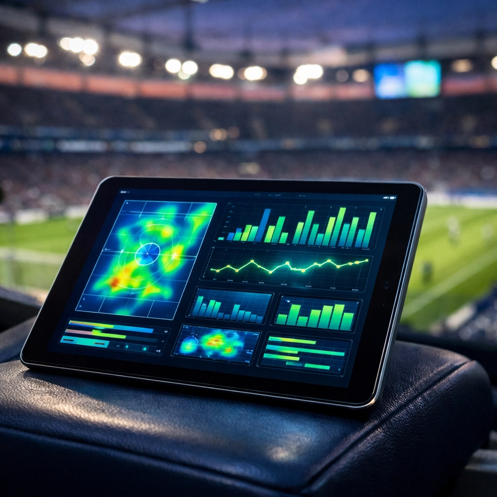 Tablet mit xG-Daten und Fußball-Statistiken im Stadion für sportwetten Prognosen.