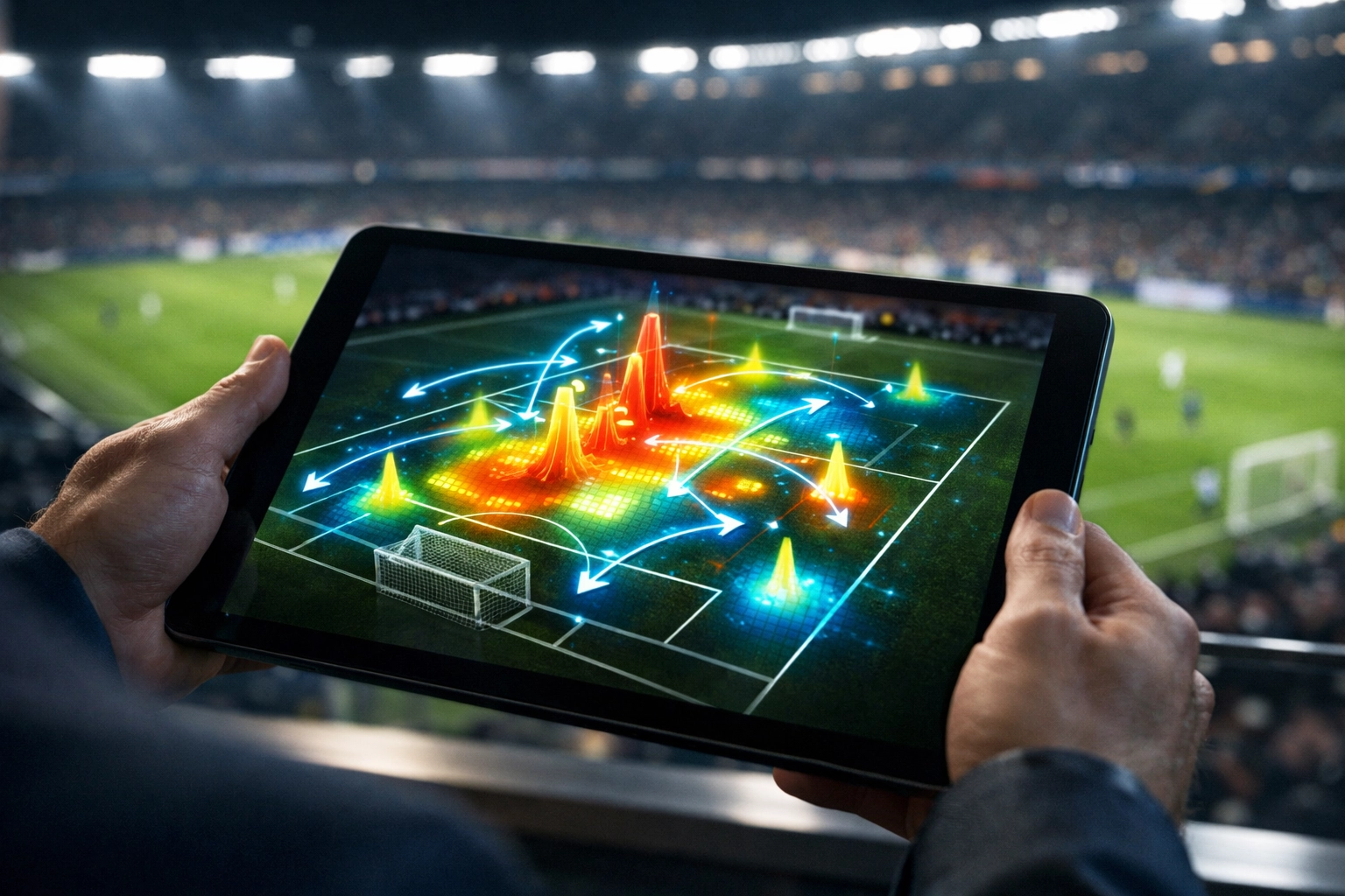 Datenanalyse und Live-Heatmap auf einem Tablet zur Bewertung von Spielverläufen im Stadion.