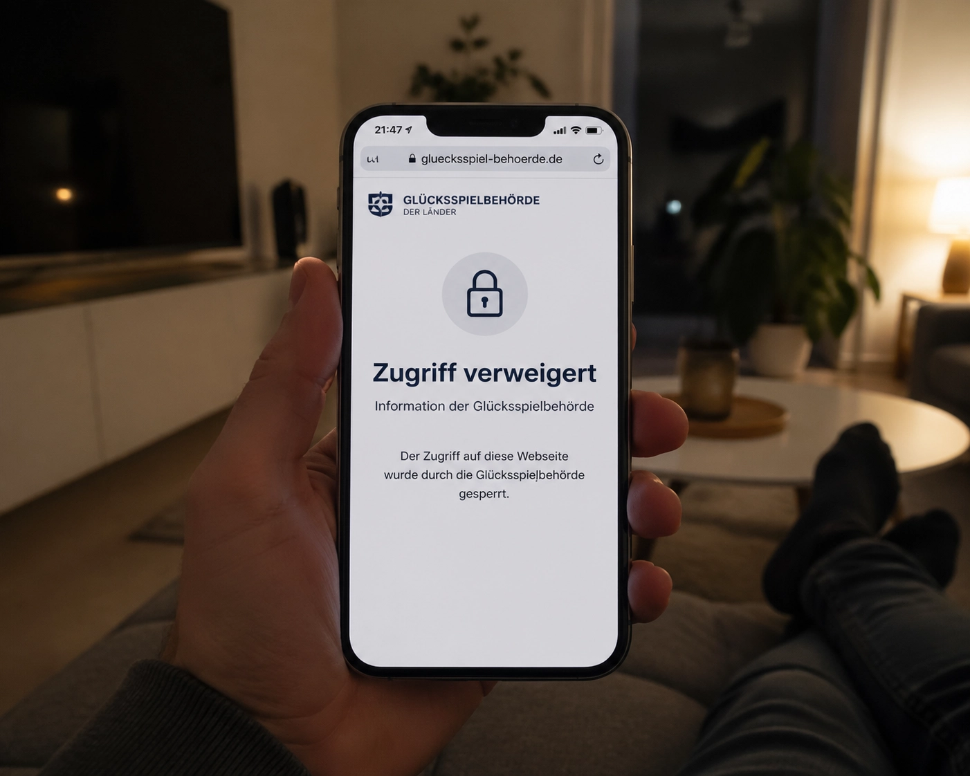 Smartphone zeigt die offizielle Zugriffssperre der GGL für illegale Sportwetten-Angebote.