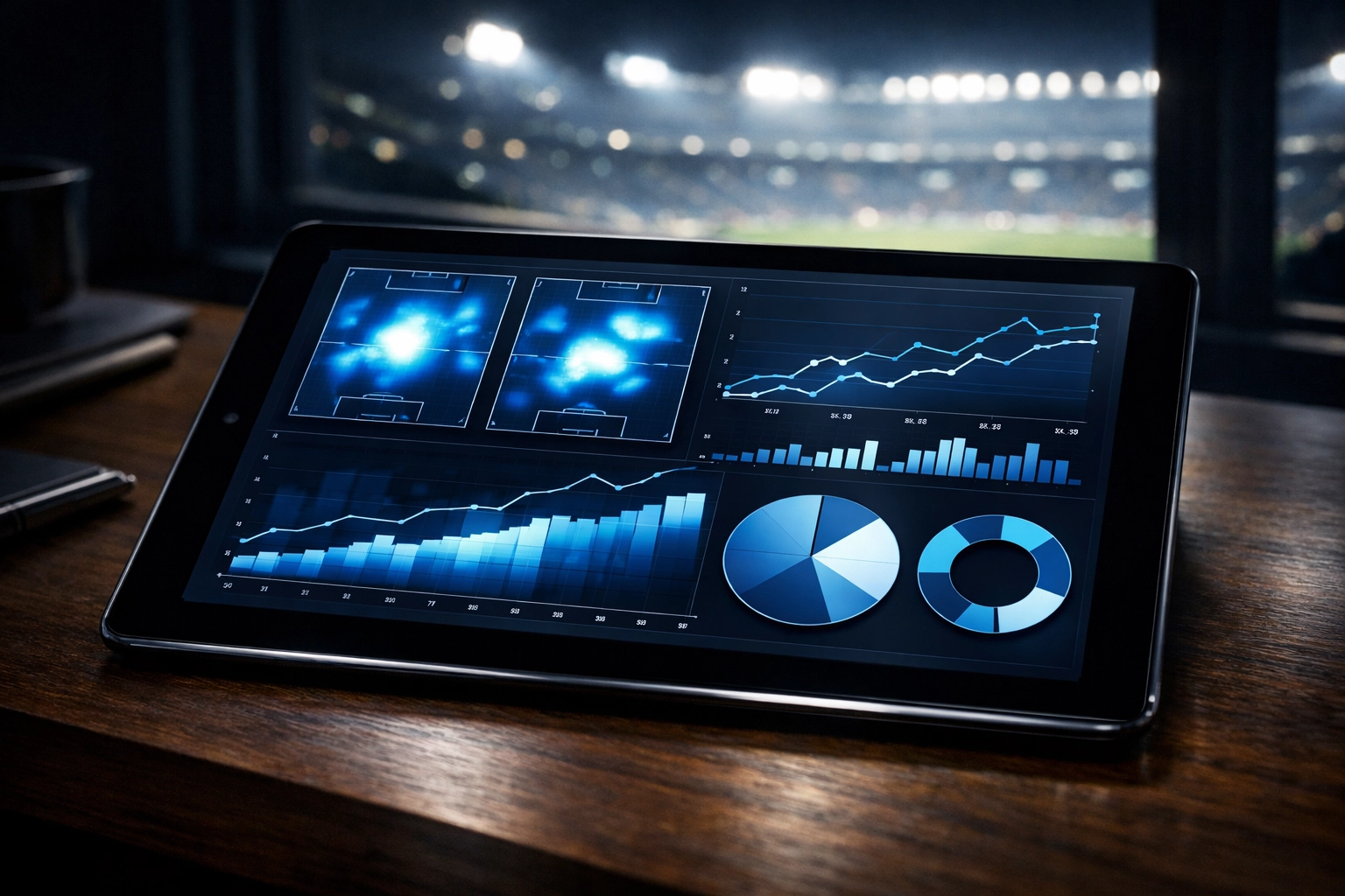 Daten-Dashboard mit Fußball-Statistiken und xG-Werten auf einem Tablet.