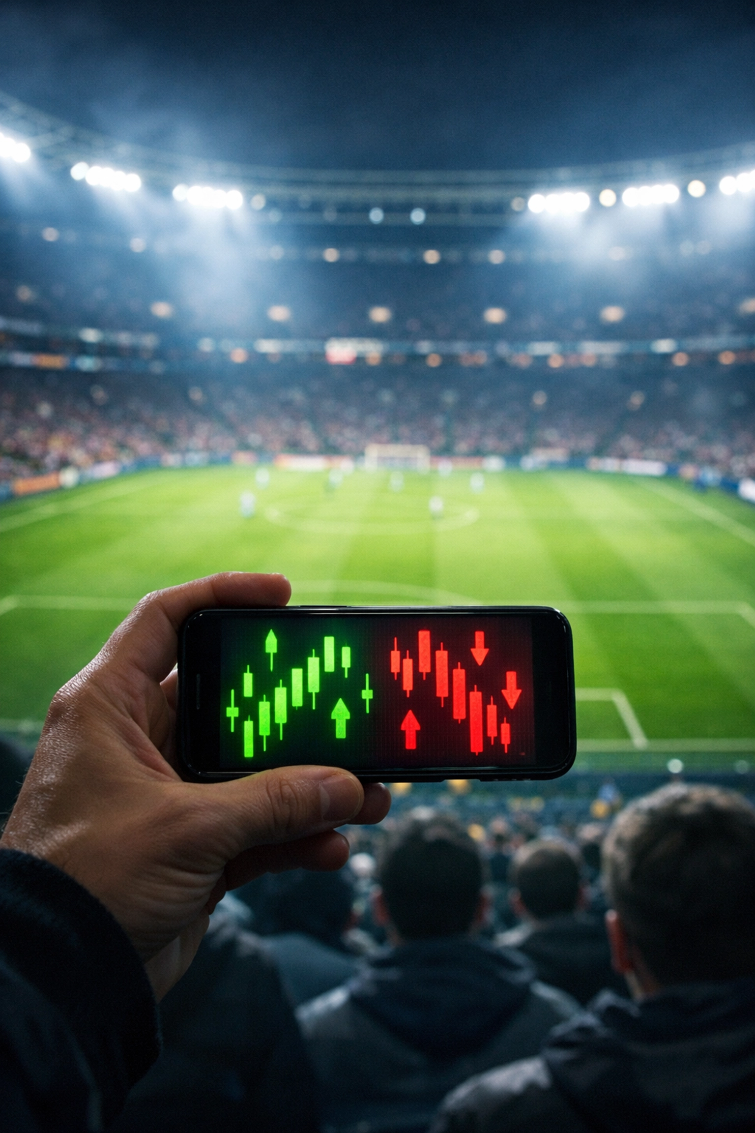 Mobile Analyse von Markttrends und fallenden Quoten in einem Fußballstadion.