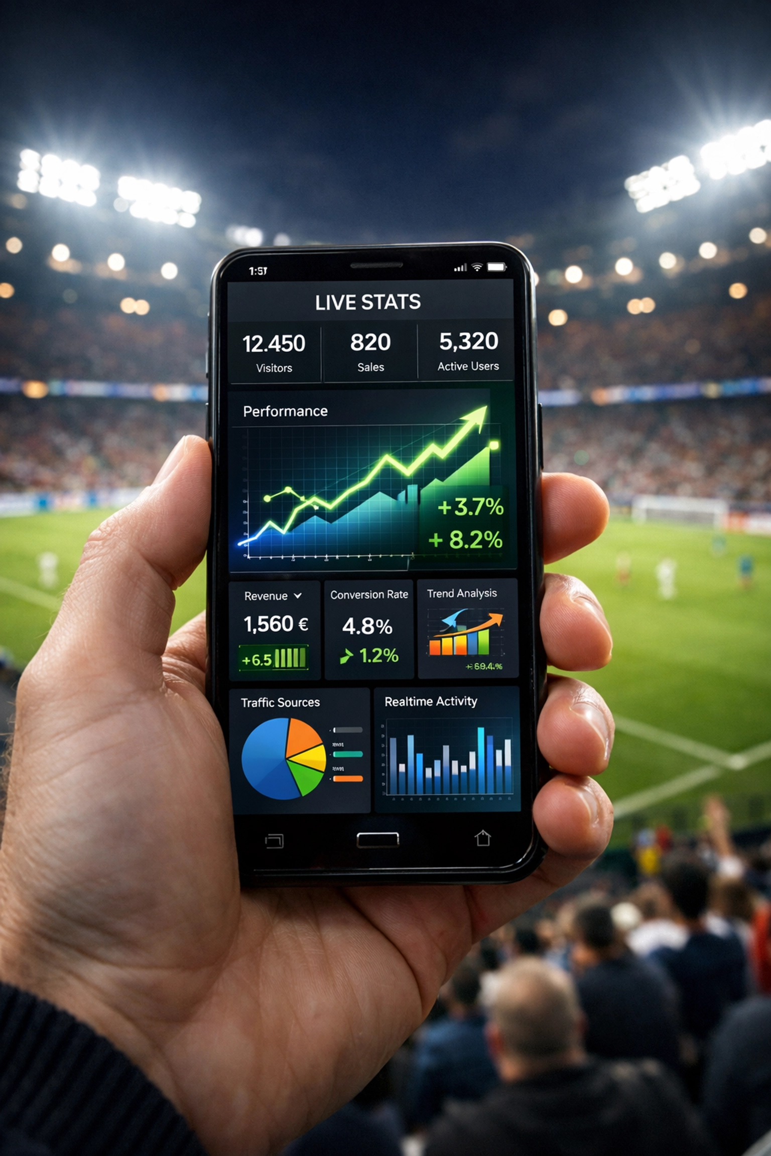 Live-Statistiken und aktuelle Quotenbewegungen auf einem Smartphone im Fußballstadion.