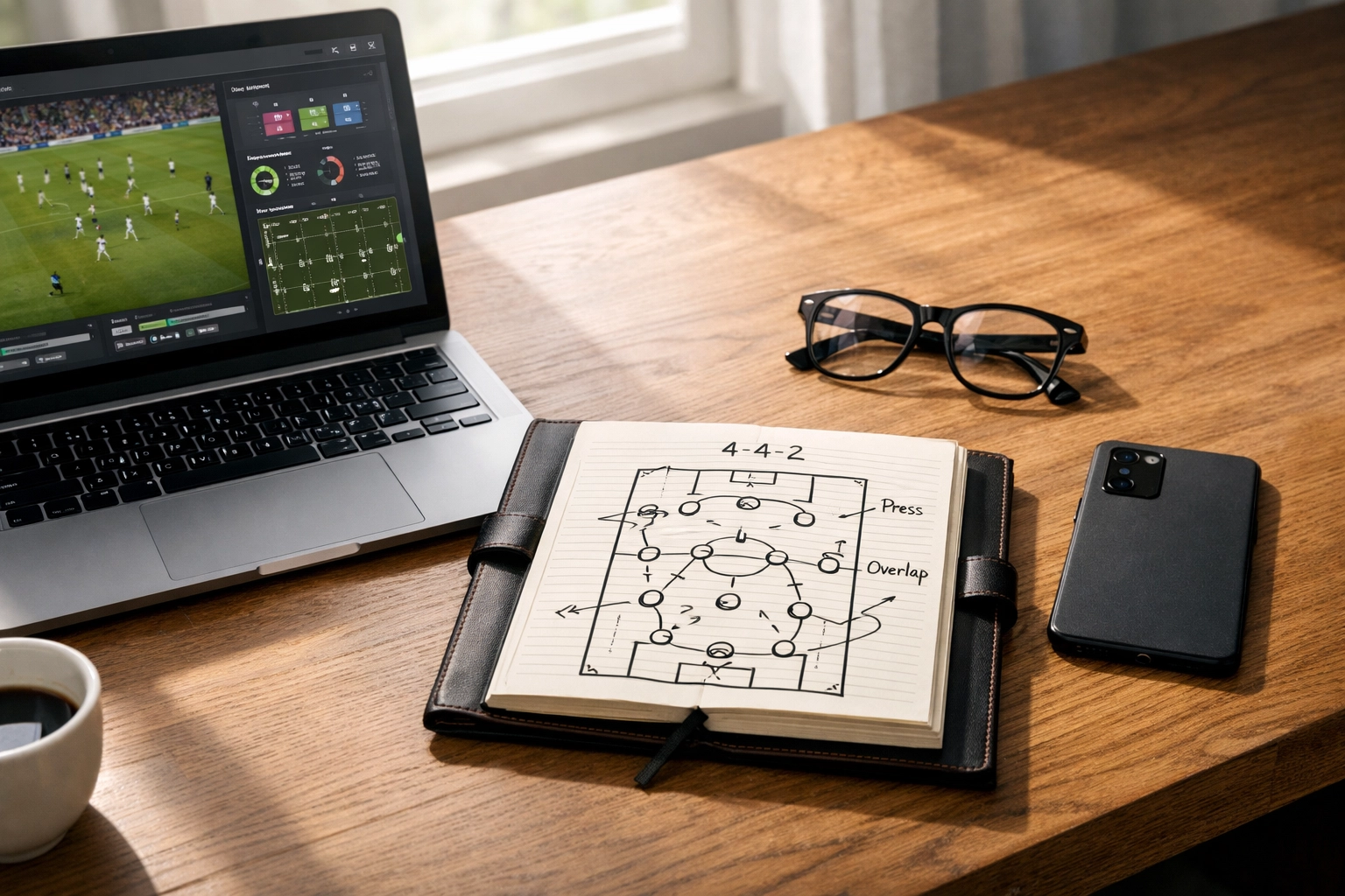 Schreibtisch eines Analysten mit Laptop und Taktik-Notizen zur Vorbereitung von Wetten.