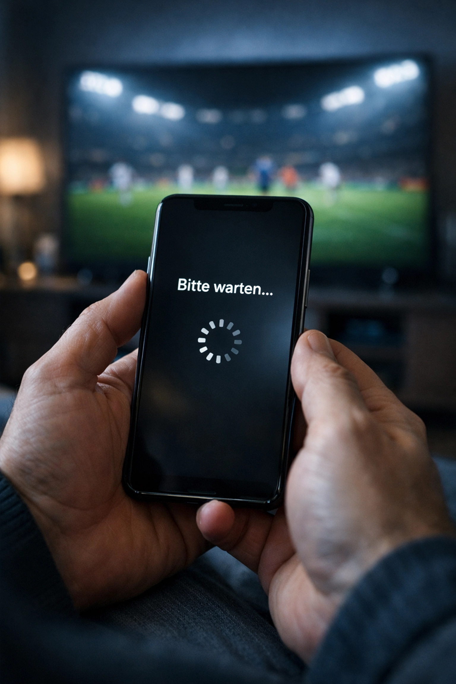 Smartphone zeigt regulatorische Verzögerung bei Sportwetten in Deutschland während Fußballspiel.