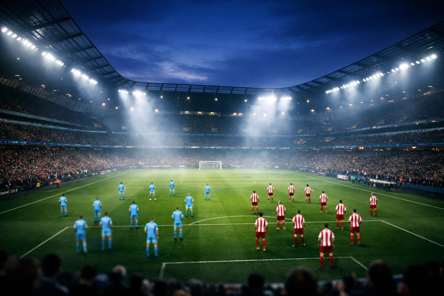 Fußballstadion in England bei Flutlicht für Premier League Prognosen.