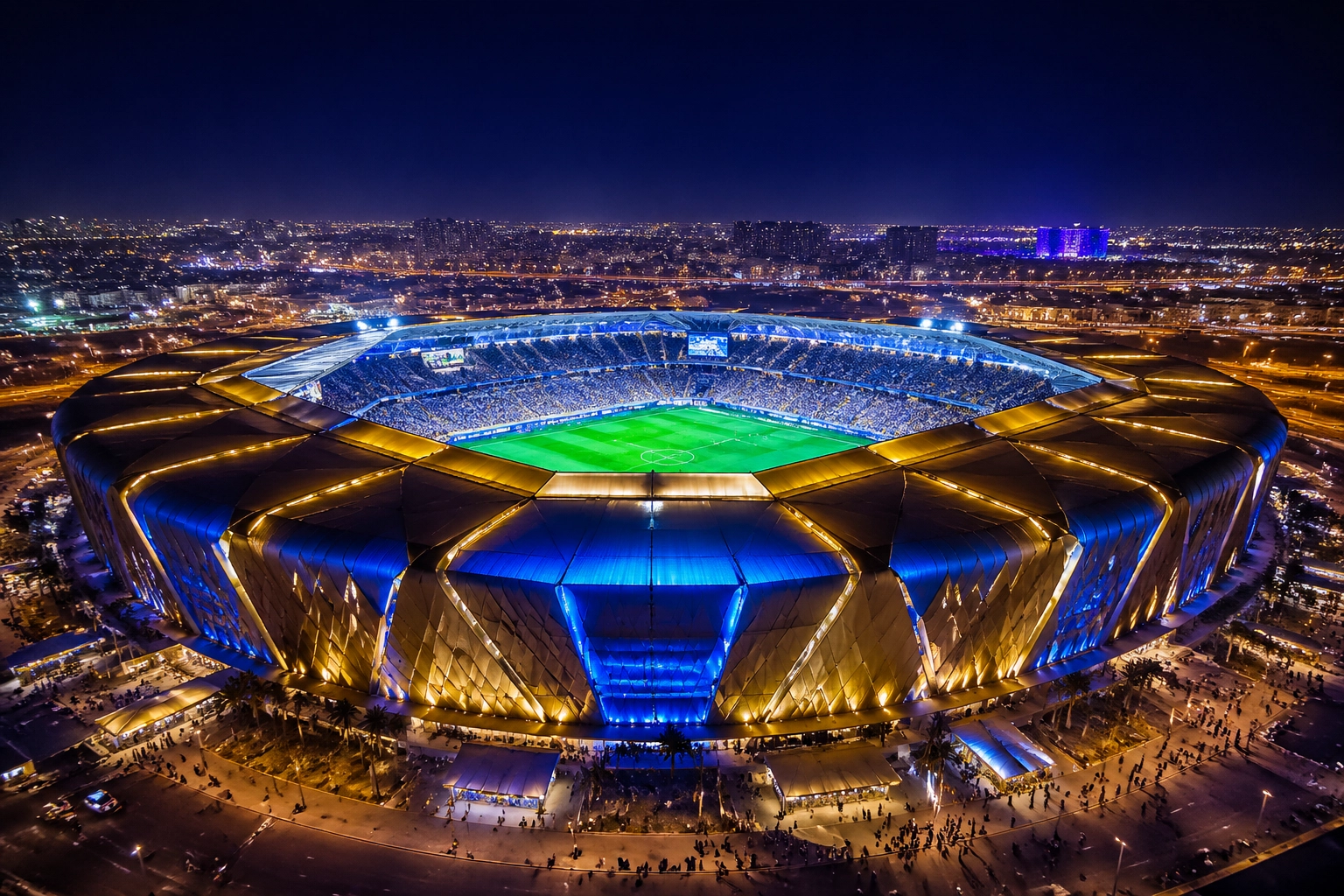 Modernes Stadion in Riad bei Nacht für die Al Nassr gegen Al Ahli Wett-Analyse.