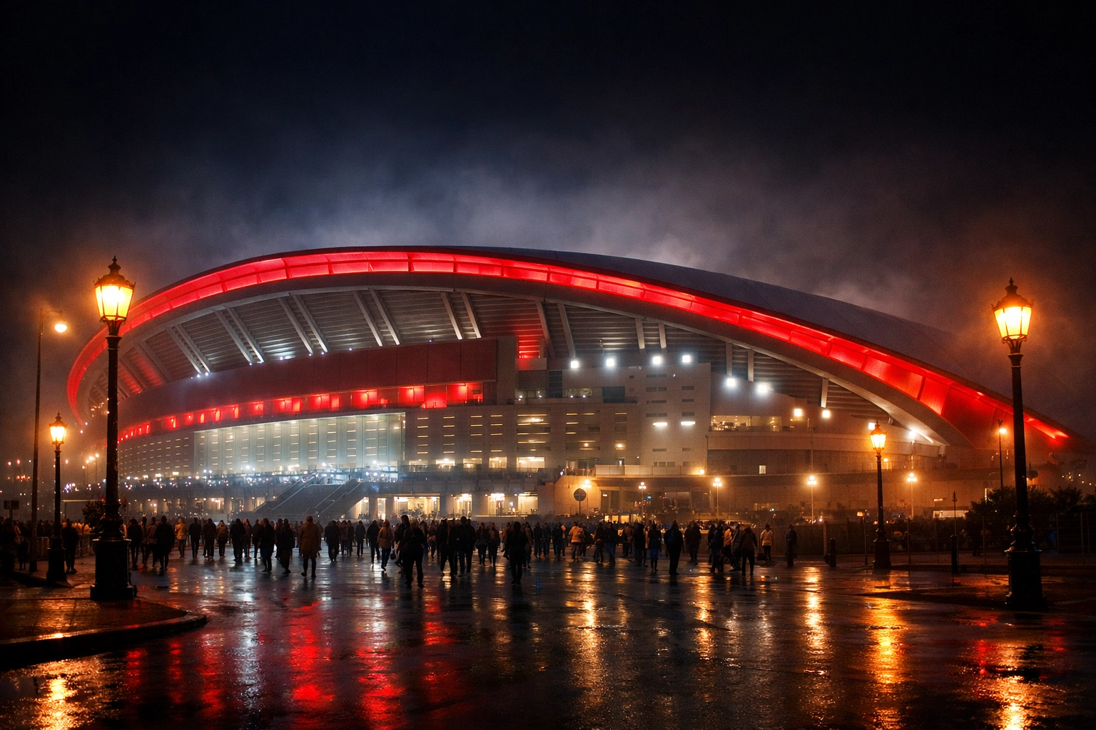 Beleuchtetes Metropolitano Stadion bei Nacht vor dem Champions League Duell Atlético gegen Barcelona.
