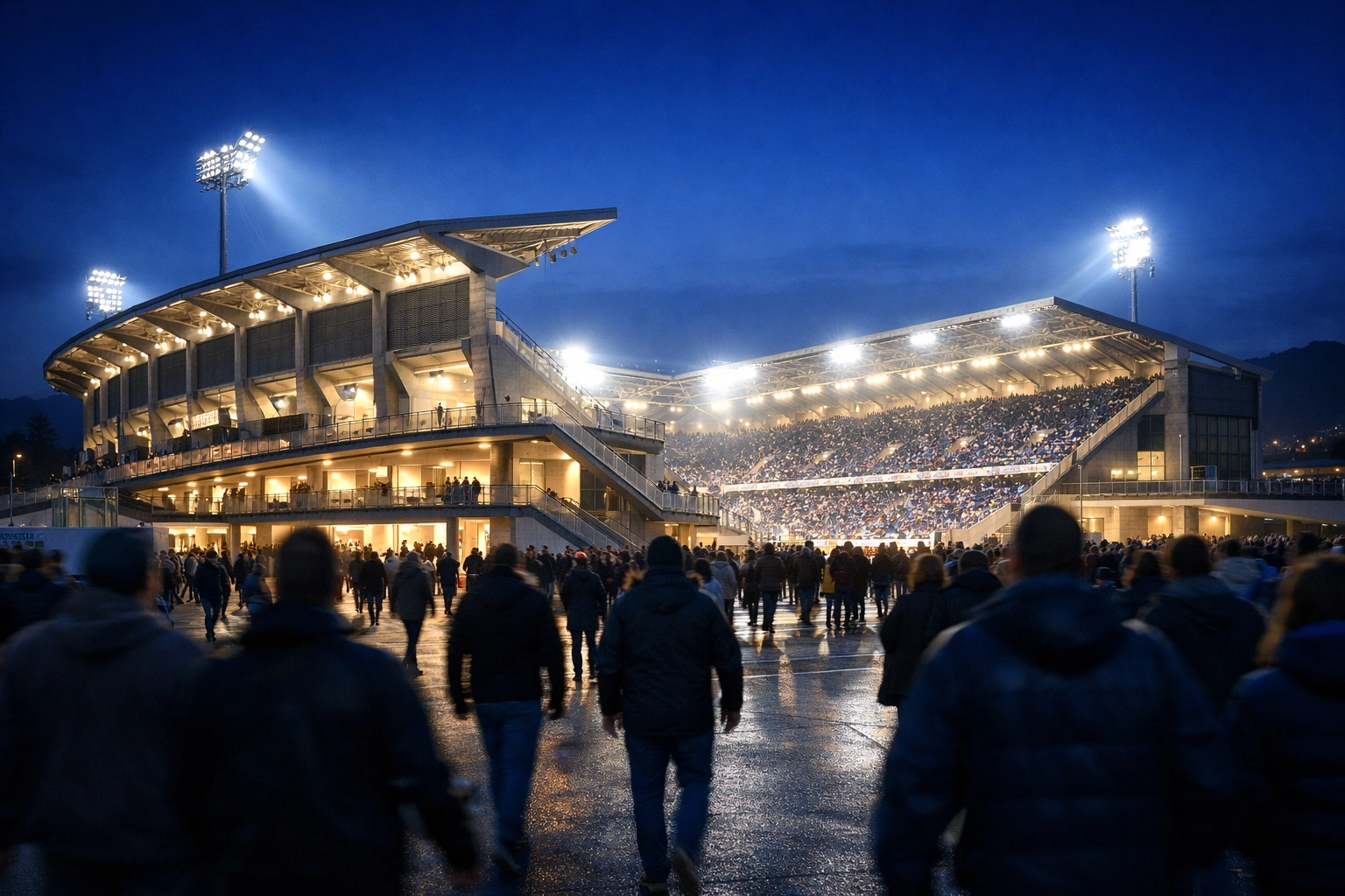 Beleuchtetes Gewiss Stadium in Bergamo – Heimvorteil für Atalanta gegen Lazio Rom.