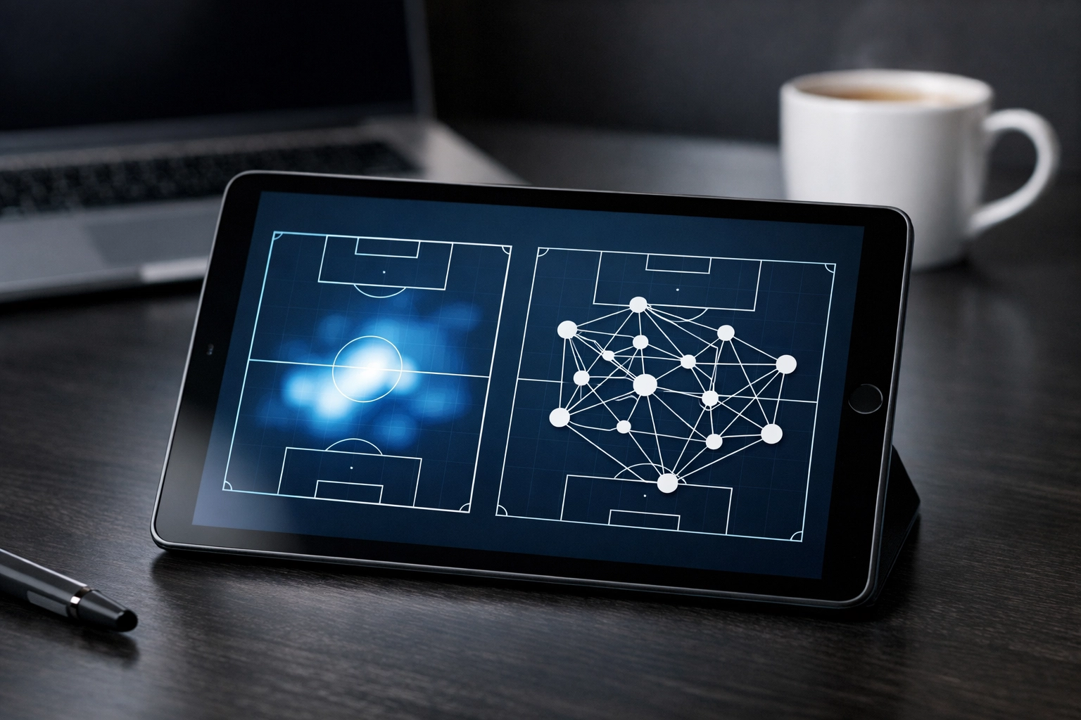 Professionelle xG-Heatmaps und Fußball-Datenanalysen auf einem Tablet für Analysten.
