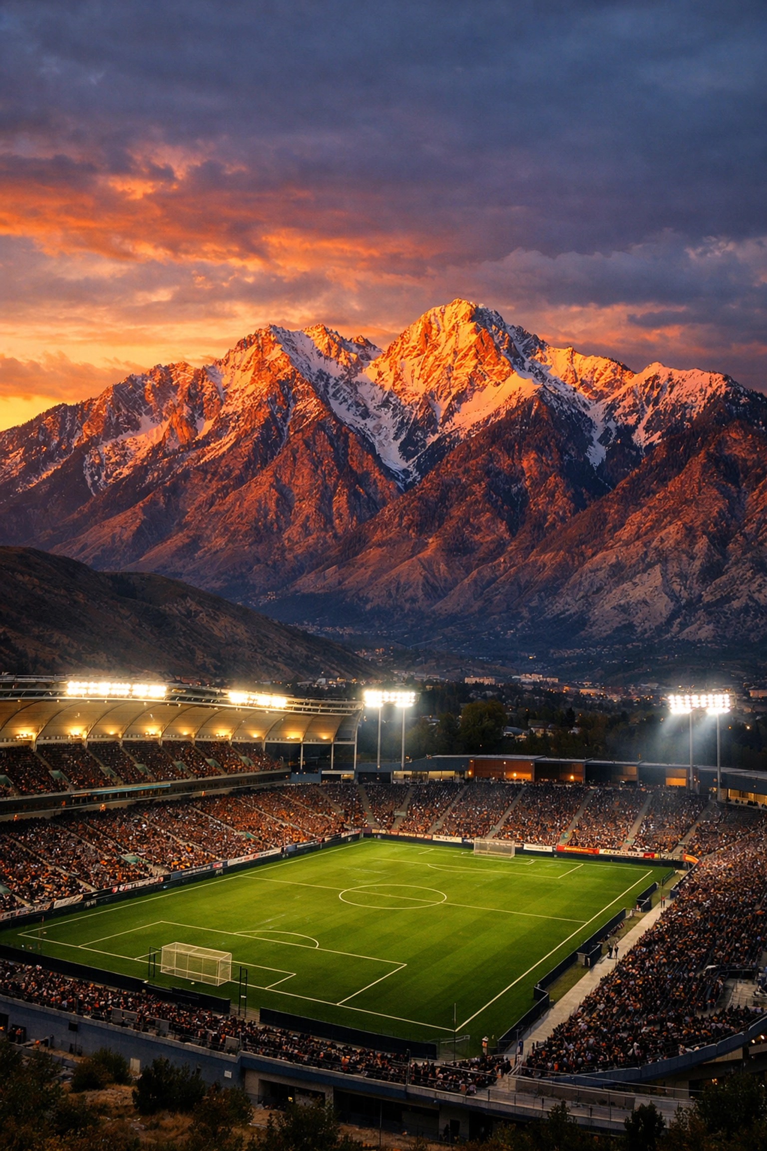 Fußballstadion in Salt Lake City vor verschneiten Bergen für die MLS Prognose gegen Inter Miami.