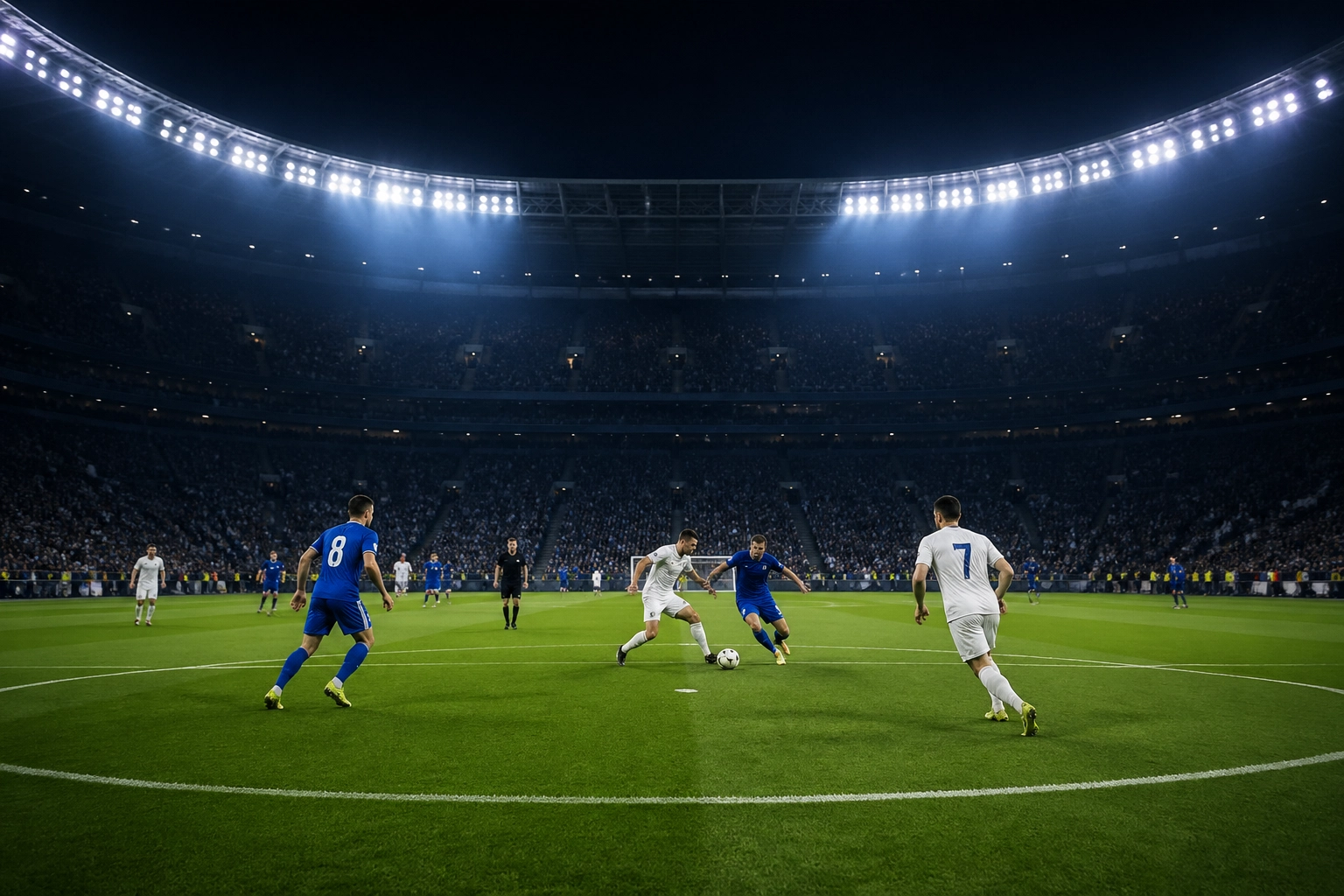 Fußballstadion bei Nacht während eines Champions League Spiels für professionelle Wett-Prognosen.