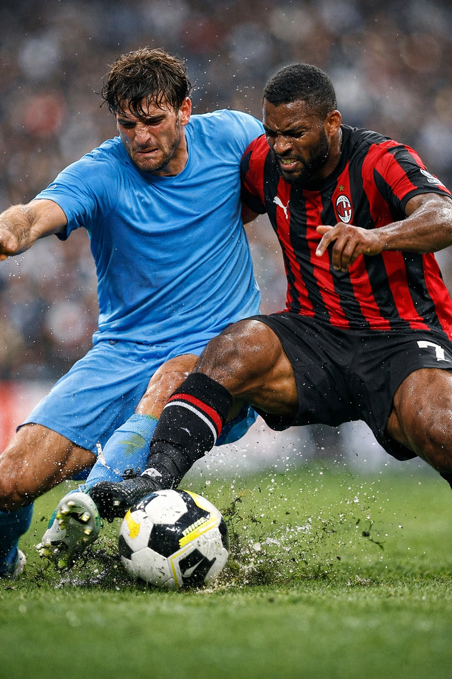 Intensiver Zweikampf zwischen Profis von SSC Neapel und AC Mailand im Serie A Topspiel.