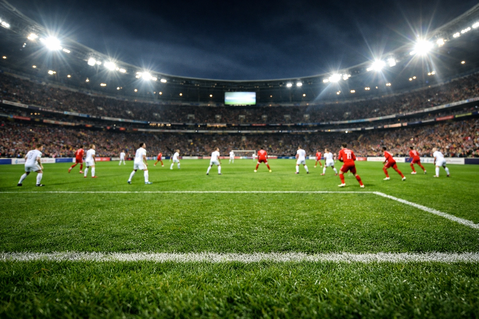 Taktische Formation der Spieler auf dem Feld aus der Perspektive des Trainers im Stadion.