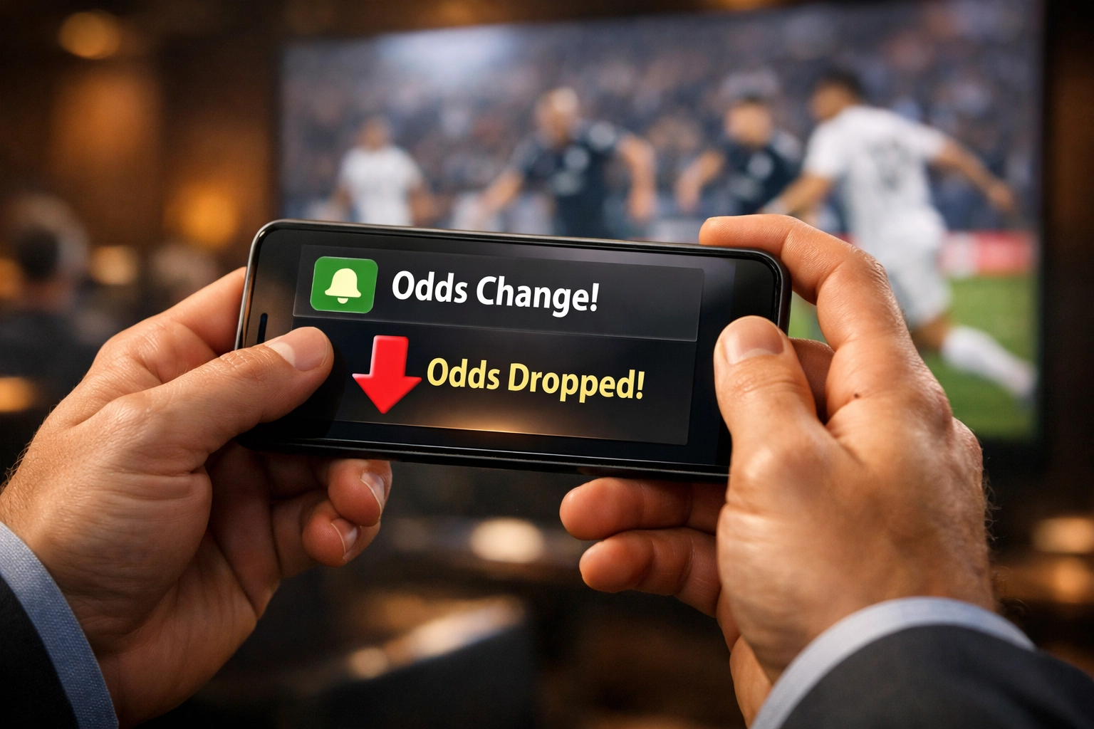 Smartphone-Display zeigt fallende Quoten und aktuelle Marktbewegungen in einer Sport-Lounge.