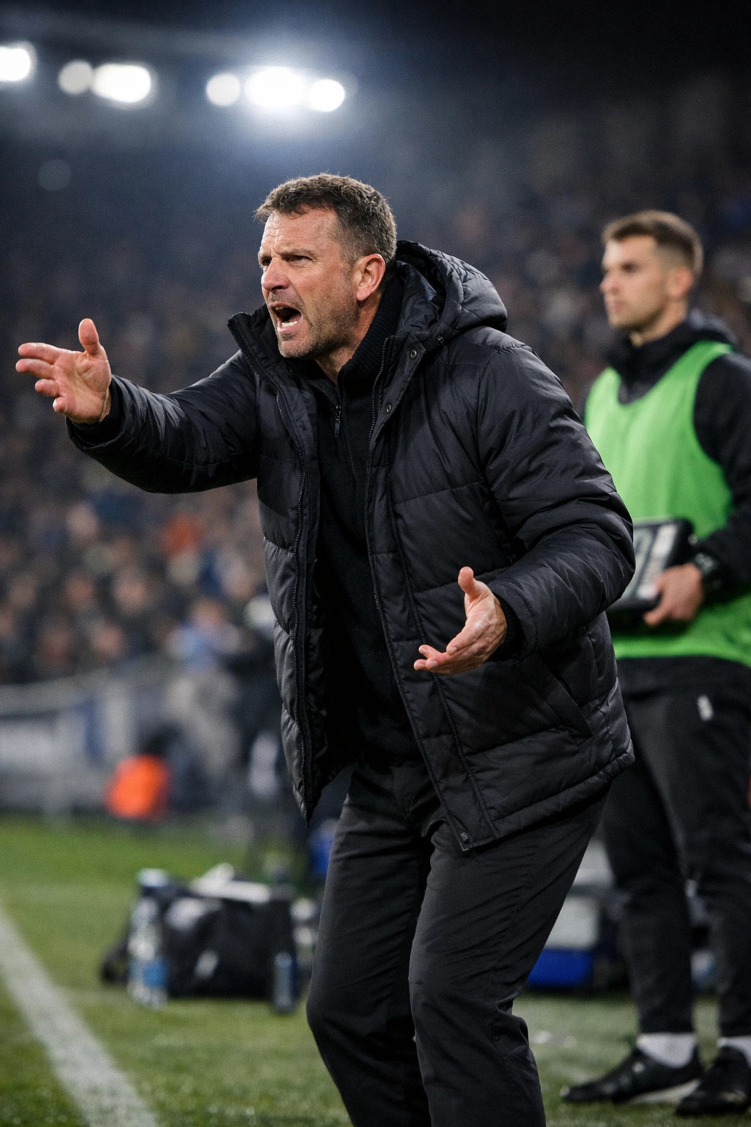 Trainer am Spielfeldrand plant eine taktische Einwechslung zur Optimierung der In-Play-Analyse.