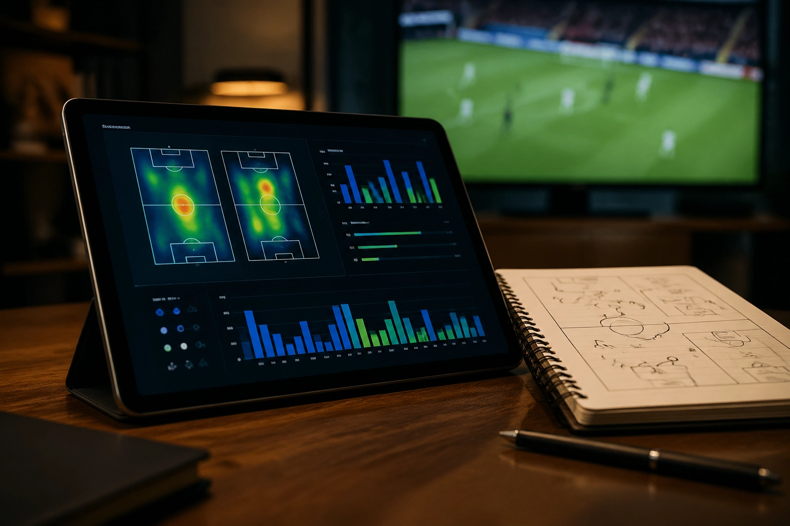 Datenbasierte Fußball-Analyse mit xG-Werten und Statistiken auf einem Tablet