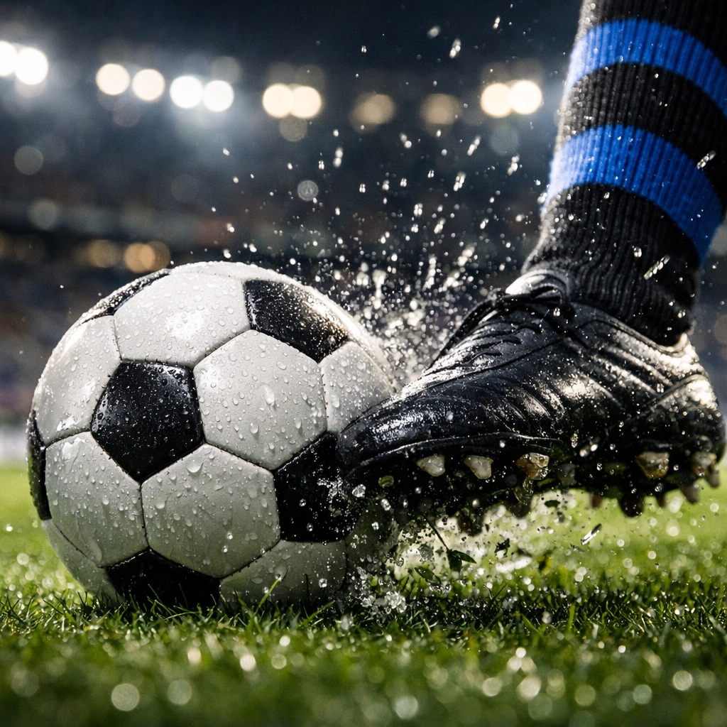 Detailaufnahme eines Torschusses auf nassem Rasen im San Siro zur Partie Inter Mailand vs. Cagliari.