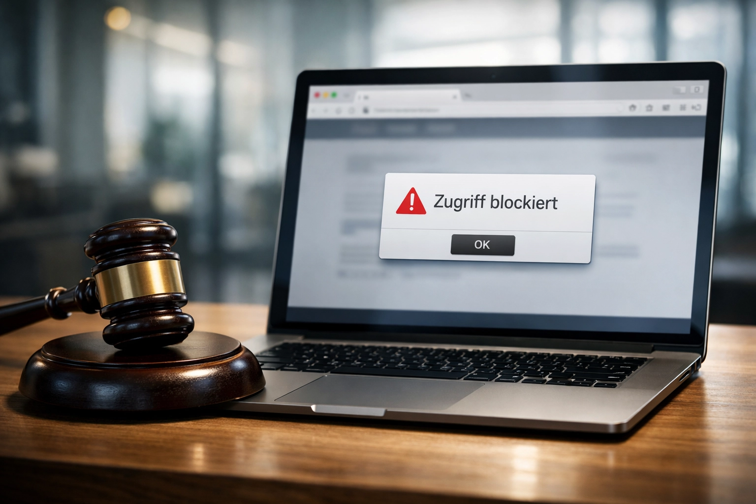 Richterhammer neben Laptop mit Sperrhinweis zum GGL Gerichtsurteil über Netzsperren im Web.