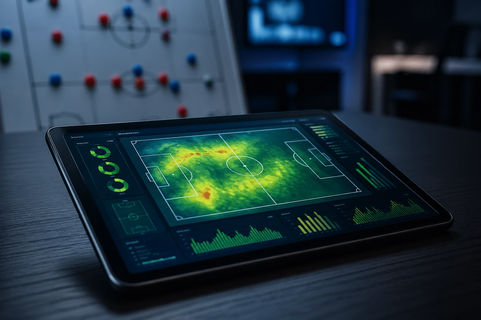 Fußball-Statistiken und Heatmap zur Analyse von Braga gegen Freiburg auf einem Tablet.
